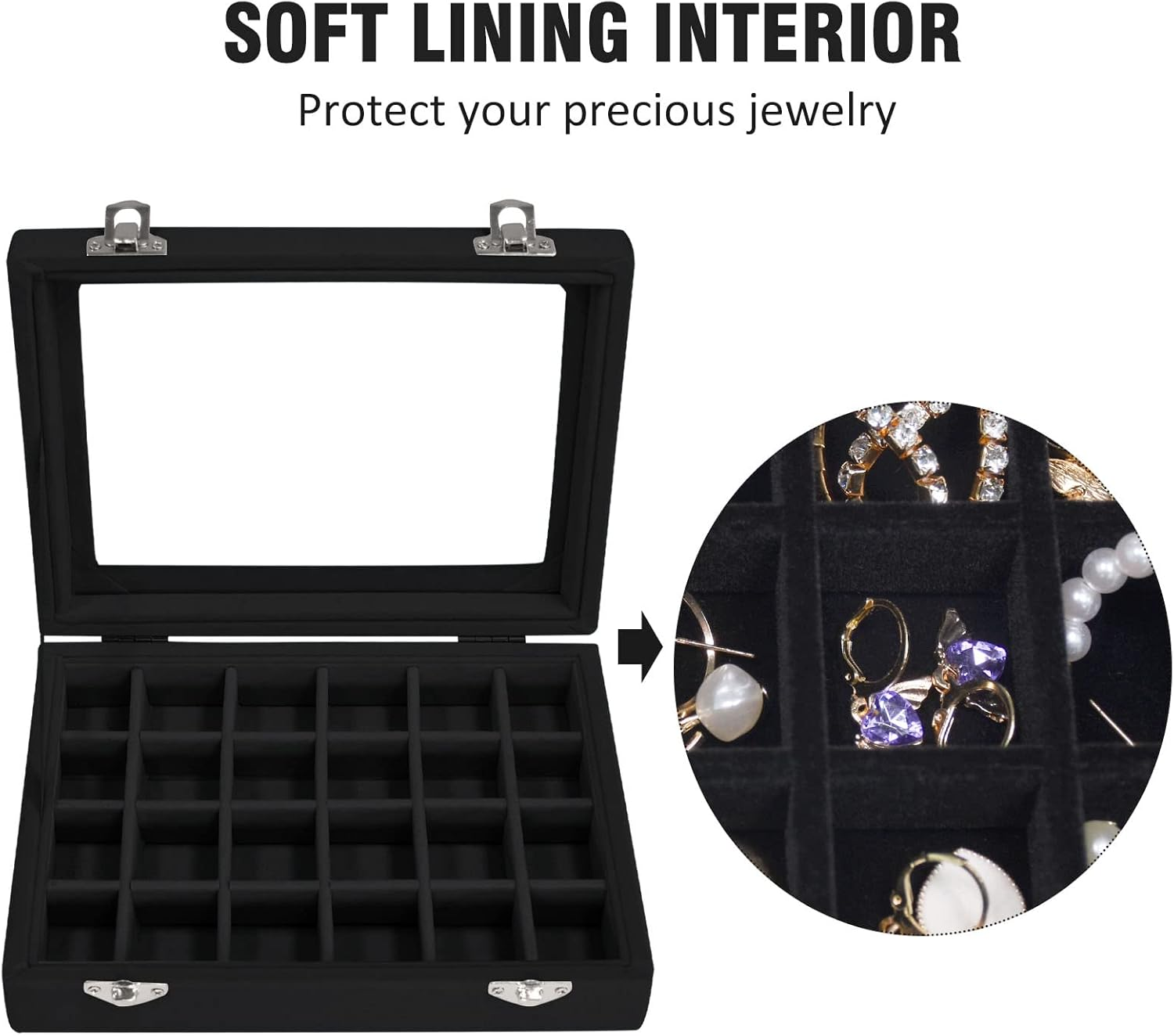 Velvet Jewelry Box 24 Grid Jewelry Ring Display Organiser Box Tray Holder Earrings Storage Case for Girls Wife Mom Women (Black) - Gray image number 7
