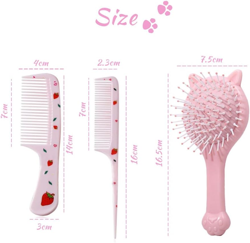 3Pcs Girls Hair Brush & Comb Set - Detangling Brush with Mirror & Wide Tooth Combs for Kids Curly Straight Long Hair, Pink Cat/Strawberry image number 5