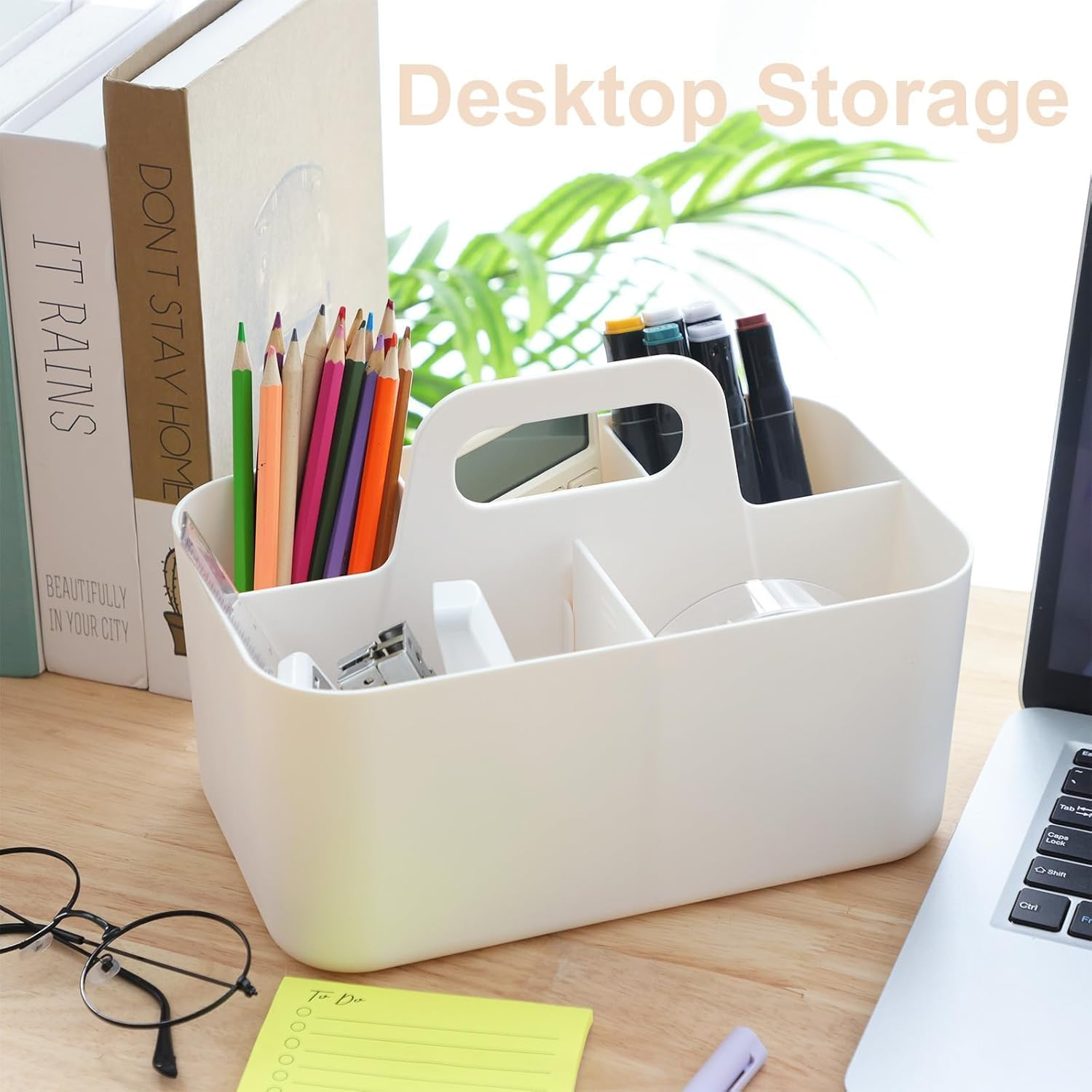 Multipurpose Plastic Portable Storage Organizer Caddy Tote, Stackable 5 Slots Divided Basket Bin for Cleaning Supplies, Makeup, Crafts, Storage of Parts (White, 9.75 X 6 X 4.25 Inch) image number 1