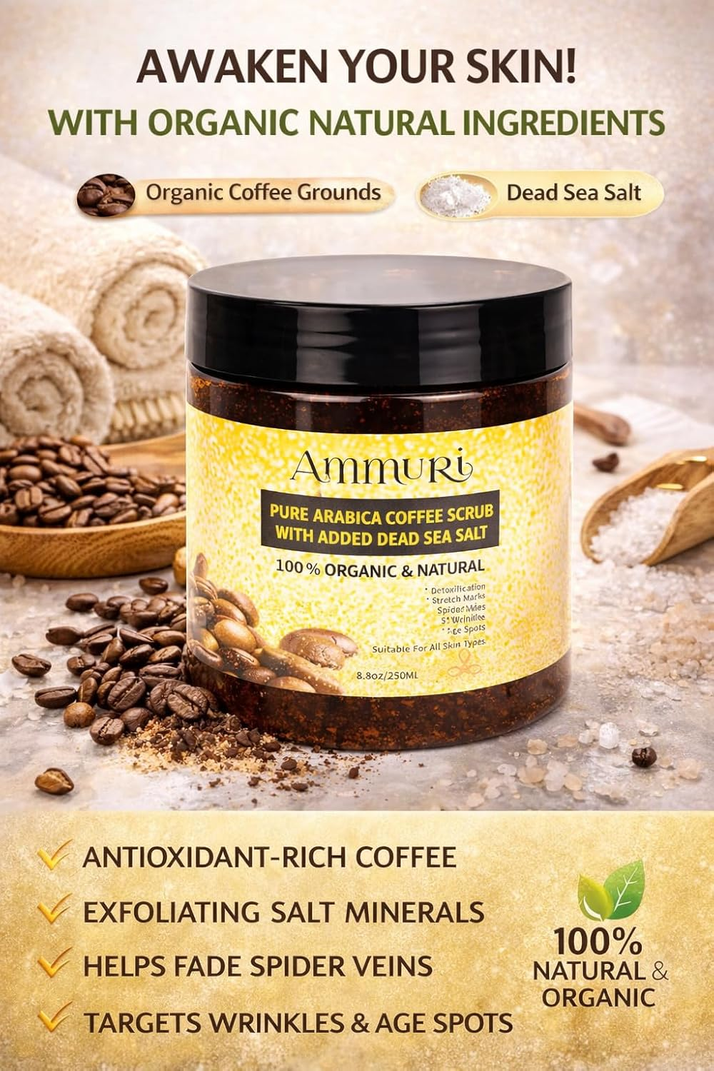 Pure Coffee Arabica Anti-Cellulite Exfoliating Dead Sea Salt Scrub for Face Body Legs & Foot Best Hydrating Stretch Marks Wrinkles Varicose Veins Treatment Boosts Circulation for Men & Women image number 2
