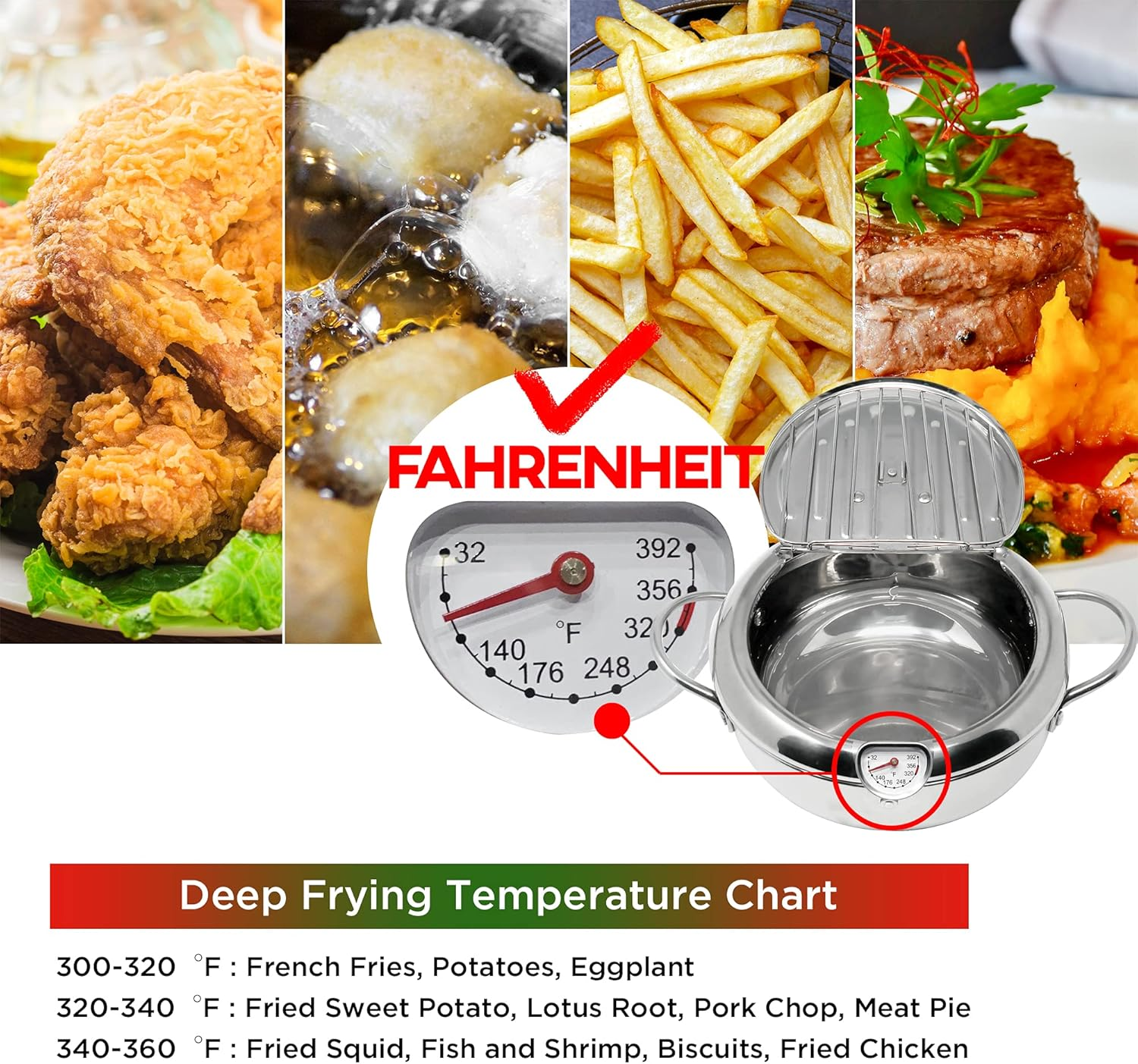 Deep Fryer Pot (&deg;F), 11"/4.4Qt (4.2 L) Extra Large Tempura Frying Pot with Lid, 304 Stainless Steel Fry Pot with Fahrenheit Thermometer and Oil Drip Drain Rack image number 6