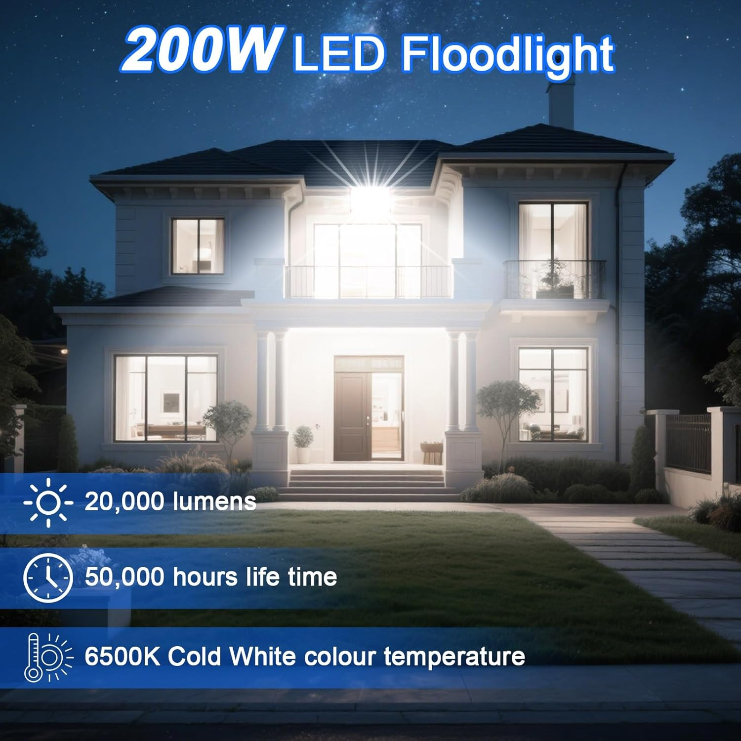 LED Flood Light Outdoor 200W 20000LM, 2 Pack IP66 Waterproof LED Work Light 6500K Cool White Floodlight Spotlights, Security Light for Warehouse Garden Garage Sports Field Yard image number 2