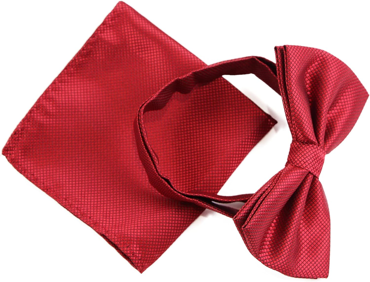 Mens Dark Red Plain Coloured Checkered Bow Tie & Matching Pocket Square Set