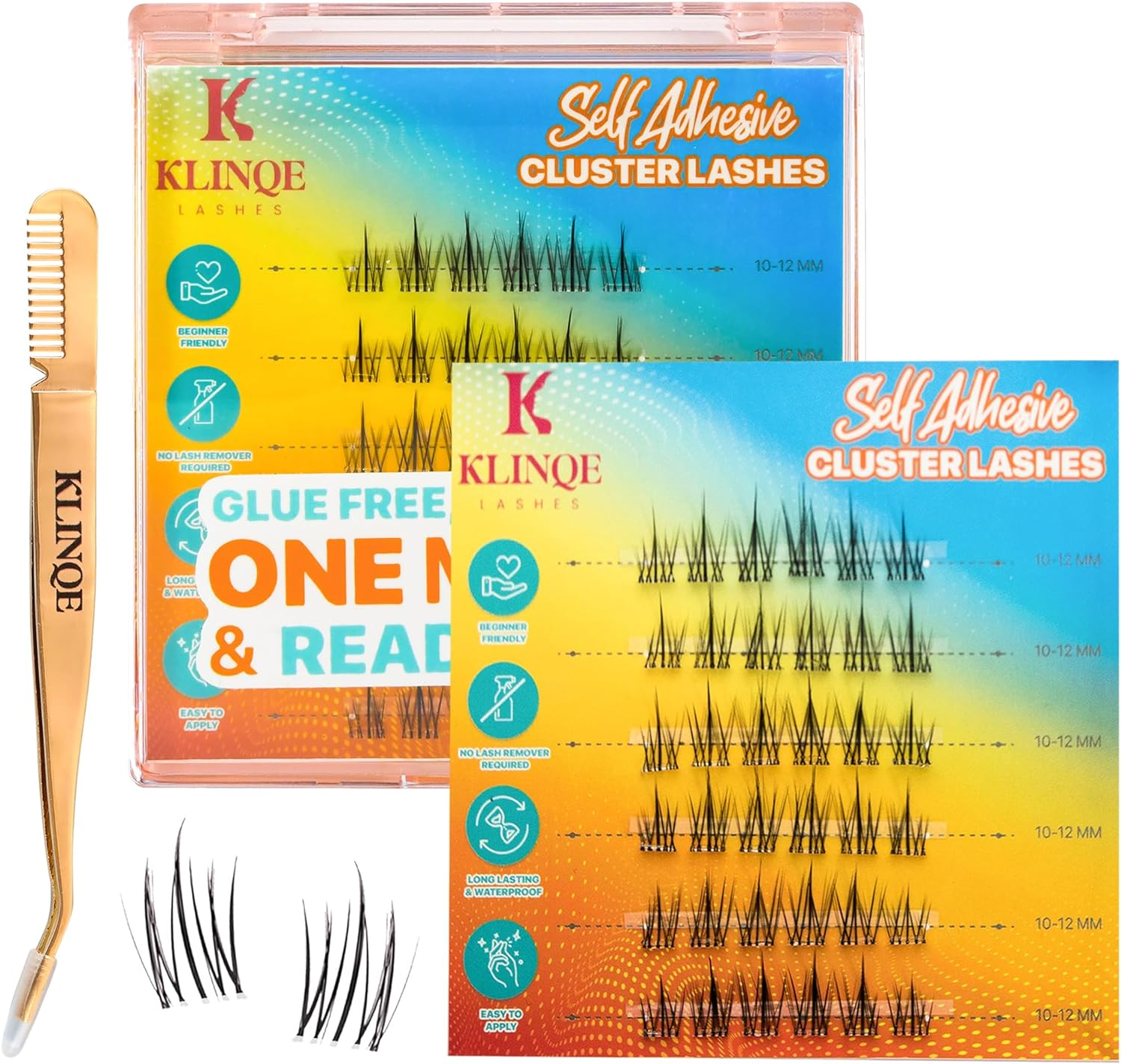 KLINQE Cluster Press on Lashes with Tweezer | DIY Self Adhesive Eyelashes No Sticky Residue | Quick and Easy to Apply No Glue Lashes for a Strong Hold | Reusable - Mix and Match! (Twilight Radiance) image number 3