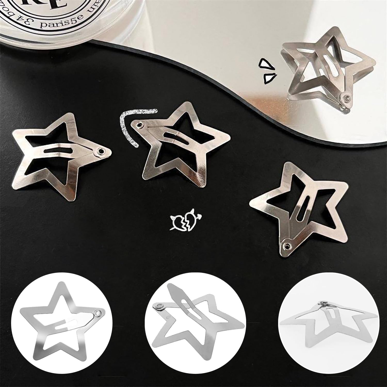 YPYMOD Pack of 20 Metal Star Hair Clips with Snap Closure, Silver, Cute Small Hair Clips, Hollowed Star Hair Pin for Children, Girls and Women, 3.2 Cm image number 1