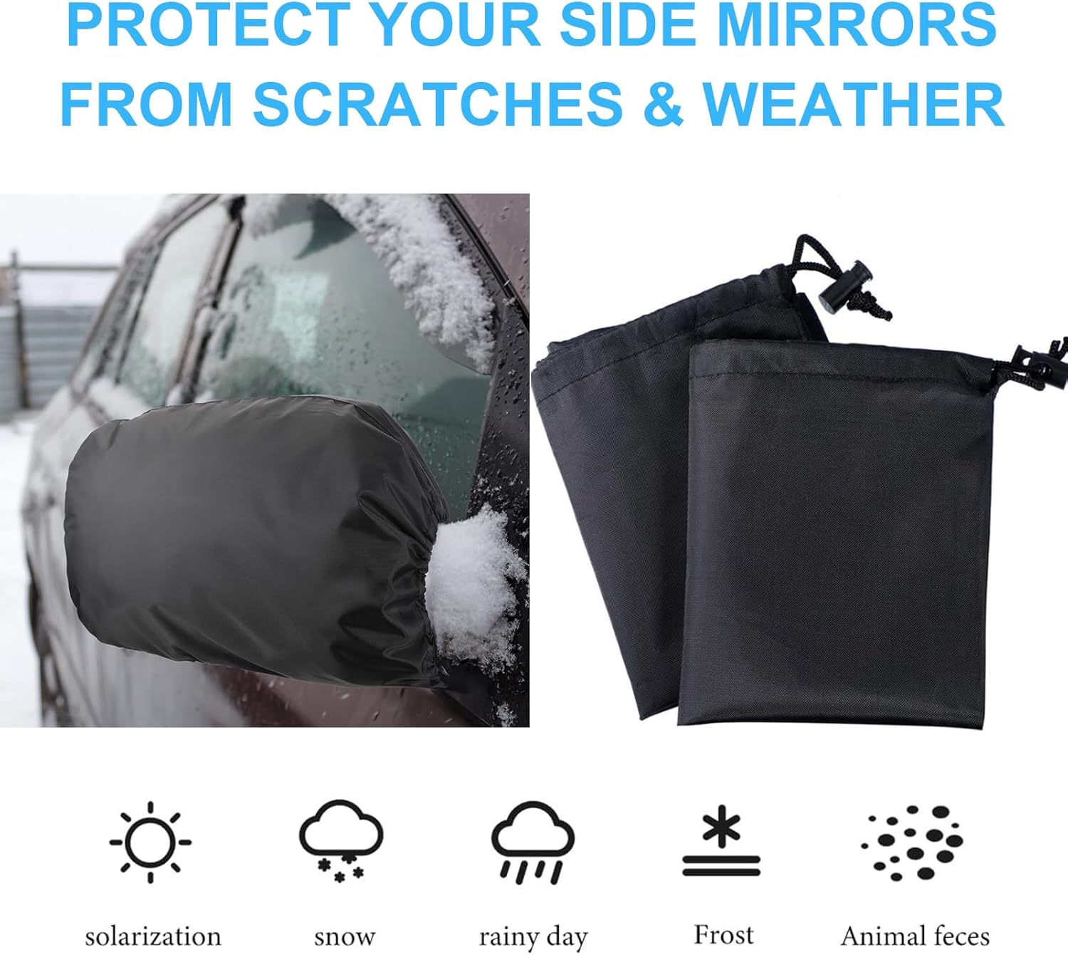 Side Mirror Cover, 4PCS Car Side Mirror Snow Cover Protects from Ice Snow Frost Dew Rain Bird Poop, Auto Rearview Protection Cover Universal Size for Cars, Black image number 6