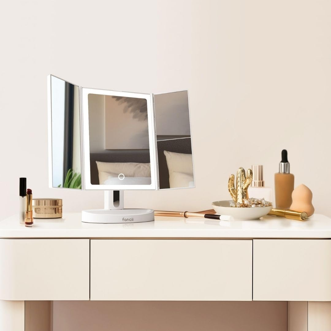 Fancii LED Lighted Makeup Mirror, Rechargeable Vanity Trifold Mirror with 5X & 10X Magnifications - 68 Dimmable Natural Lights, Touch Screen, Best Adjustable Make up Mirror with Cosmetic Stand, Tria 2