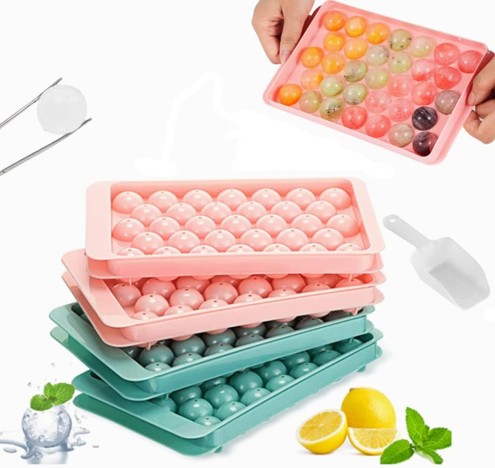 Round Ice Cube Tray Set of 4 Pack,Mini Ice Ball Maker Mold for Freezer,Reusable Ice Cube Molds for Cocktail Whiskey Tea & Coffee with 1 Ice Scoop(Blue+Pink) image number 1