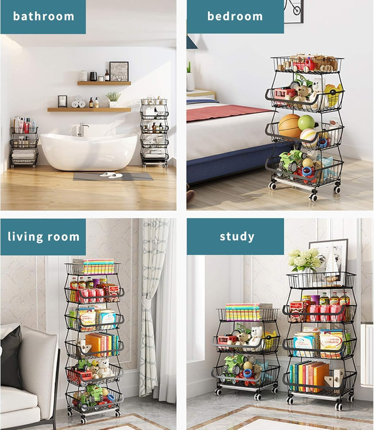 Carolyndesign Kitchen Storage Baskets Black Iron Wire Storage Bins with Wheels and Feet, Stackable Vegetable Storage Baskets (6-Tier Baskets) image number 4