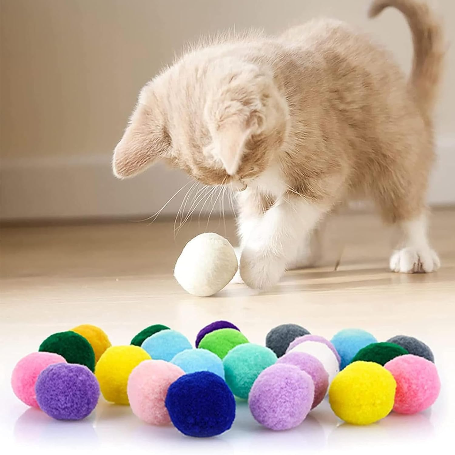 Pack of 50 Cat Toys, Wobble Balls for Cats, Cat Balls, Mute Wobble Ball for Cats, Cat Balls with Felt Balls Launcher, for Cats and Kittens, Silent Cat Toy for Indoor Use