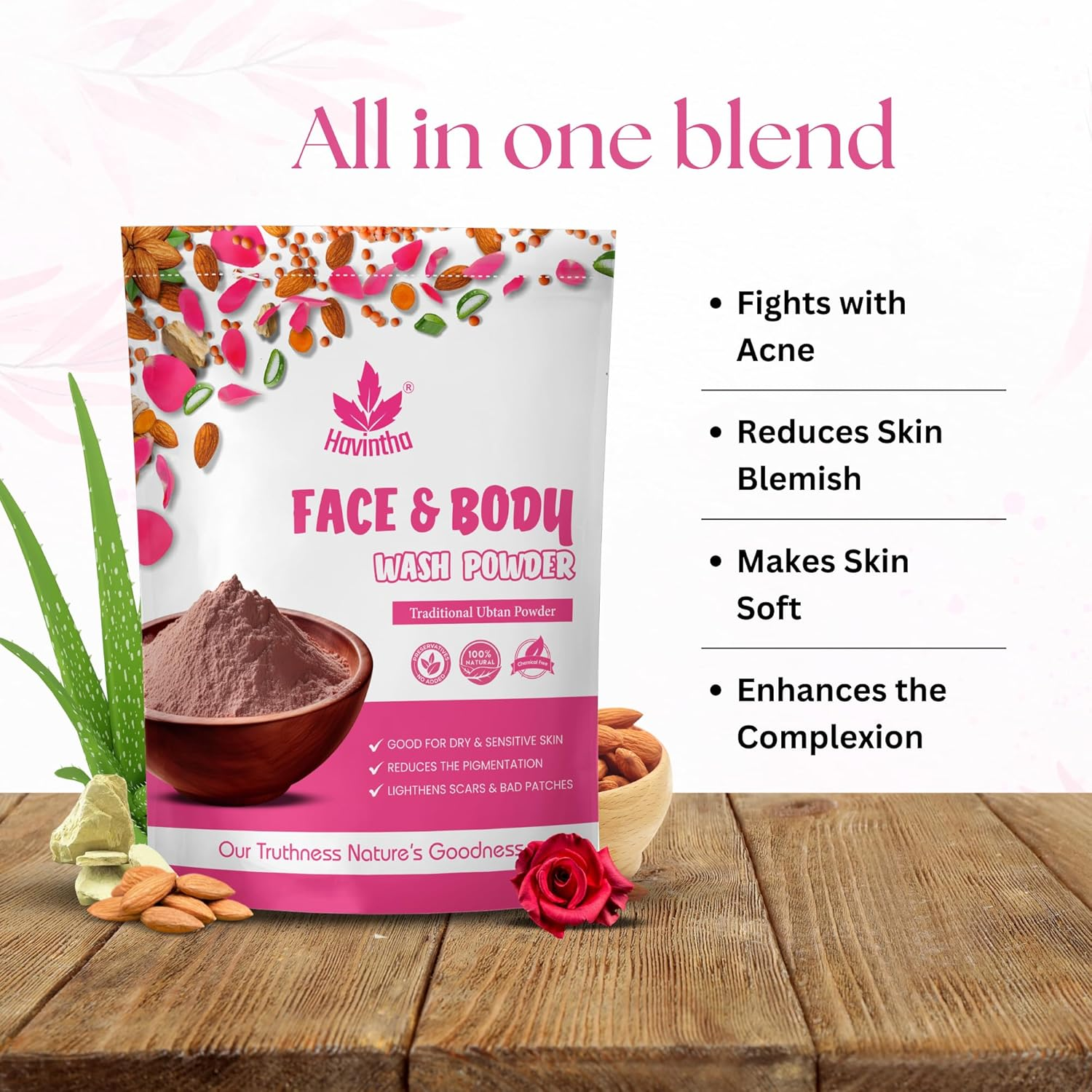 Havintha Natural Face and Body Wash Powder for All Skin Types - 227 Gm image number 1