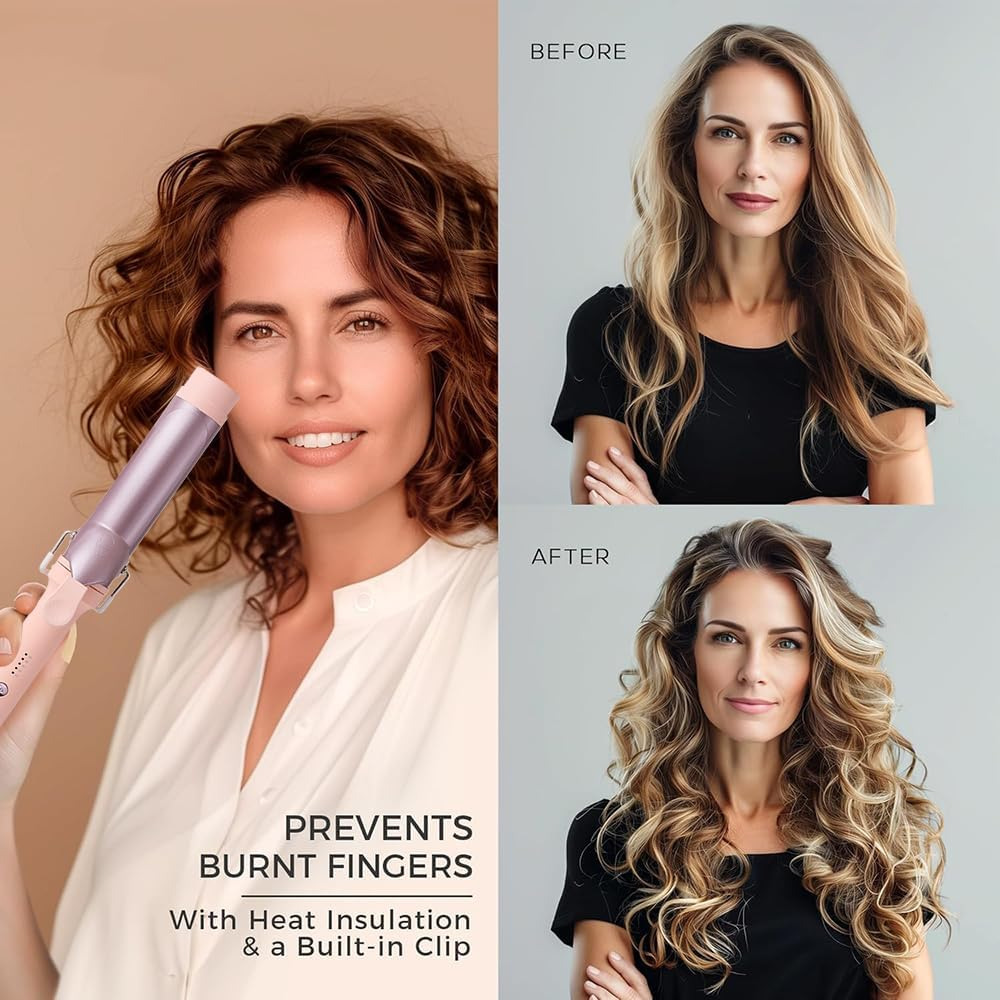 Frafuo Hair Curling Wand-40Mm Wave Hair Curler-5 Temperature Adjustable Temperature Ceramic Crimper Hair Curling Iron for Short/Medium/Long Hair-Wave Curling Iron for 50 Mins Auto-Off, Pink-Purple image number 1