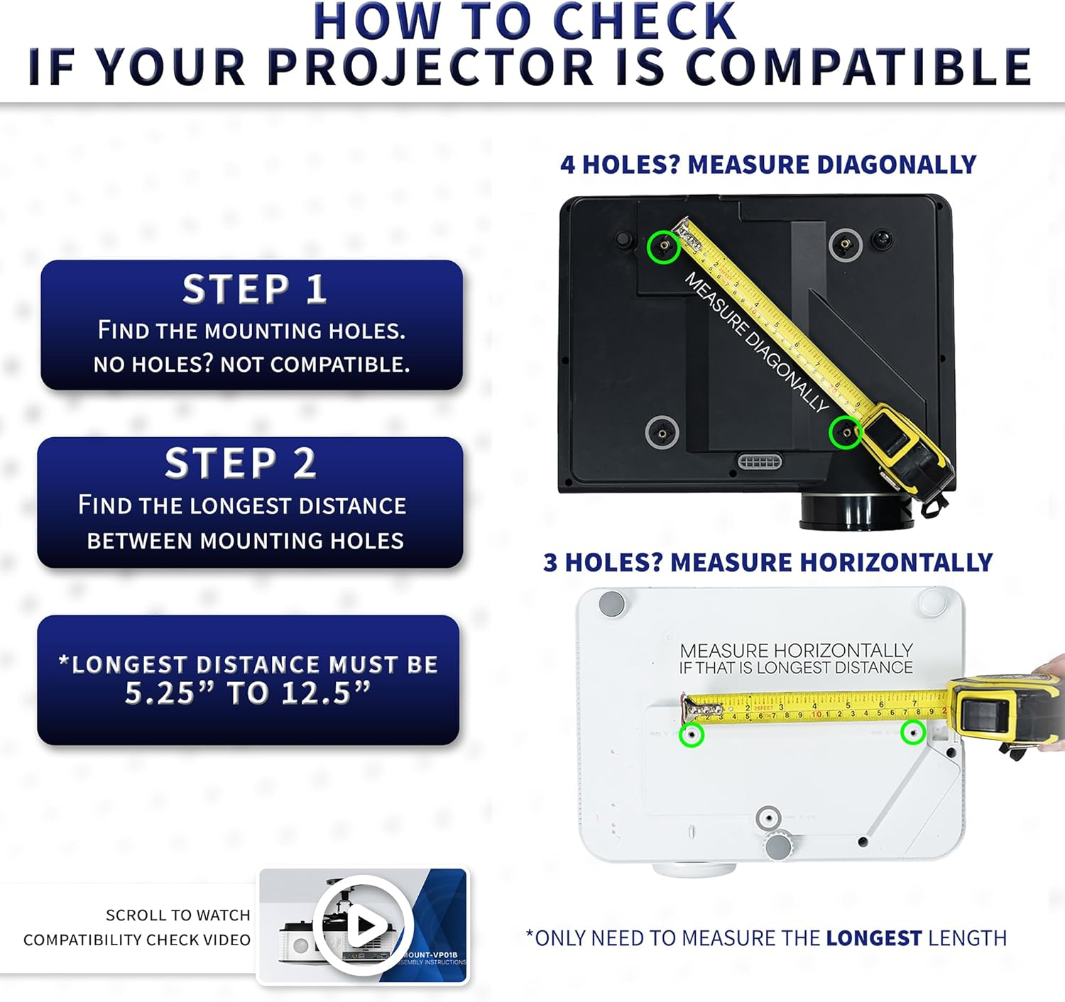 VIVO Universal Adjustable Black Ceiling Projector, Projection Mount Extending Arms (Mount-Vp01B) - White image number 3