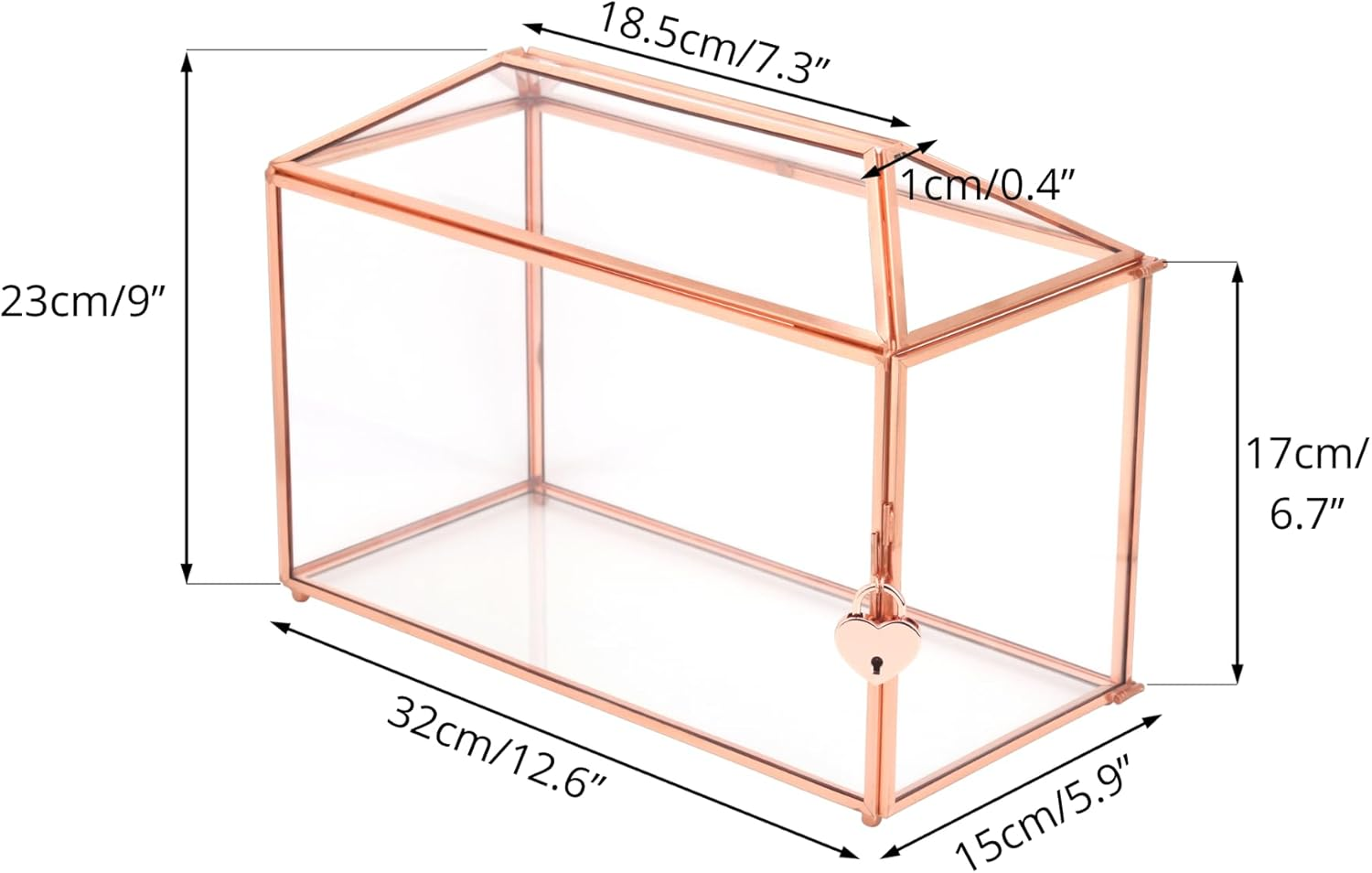 NCYP Wedding Cards Box with Slot and Lock, 12.6" X 5.9" X 9" Rose Gold Glass Envelope Card Holder for Birthday Party Reception, Decorative Terrarium (Glass Box Only) Slot Length 7.3 Inches image number 5