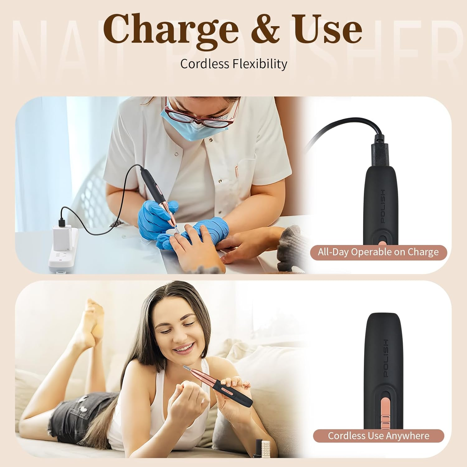 ELEHOME Electric Nail Drill File, Cordless Nail Drill for Acrylic Gel Dip Powder Nails, Rechargeable Electric Nail File Machine E File for Manicure Pedicure Polishing Shape, Black - Black image number 3