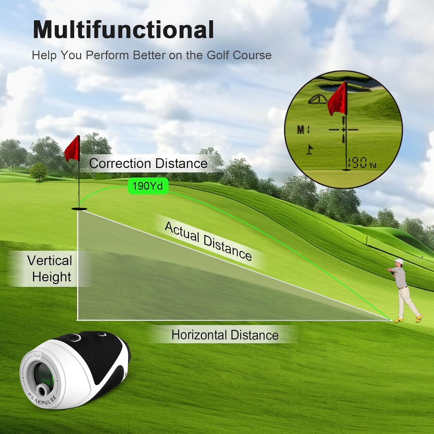 1200 Yards Mini Range Finder Golf Rangefinder HDLCD 7X Magnification with Slope Laser Distance Rangefinder for Men Women Junior Rechargeable Flag Pole Locked with Vibration Angle Measurement image number 3