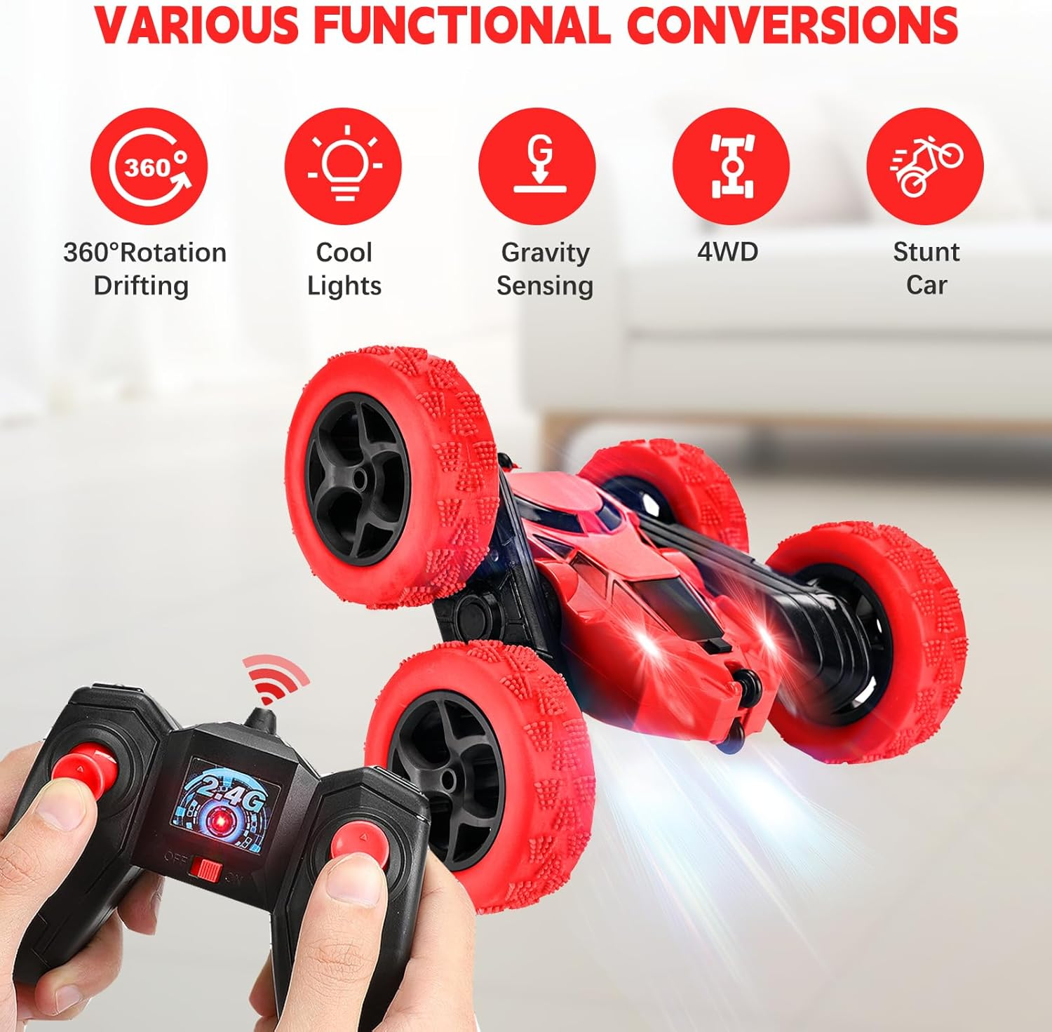 Remote Control Car for Kids Ages 6+, RC Cars Stunt Car Toy 4WD Double Sided 360&deg; Rotating， 2.4Ghz Remote Control with Headlights, Drift RC Race Car Birthday Gifts for Boys 6 7 8 9 10 11 12 (Red)
