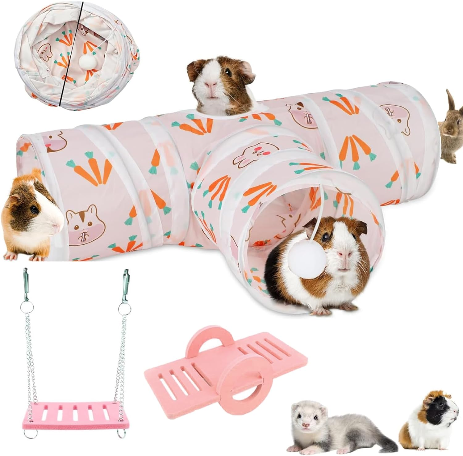 Guinea Pig Tunnel,Bunny Tunnel,Rabbit Tubes Collapsible 3Way Rabbit Toys Set Small Animal Hideout with Fun Toys for Hamster Rats Ferret Kitten Hedgehog Hiding and Resting image number 4