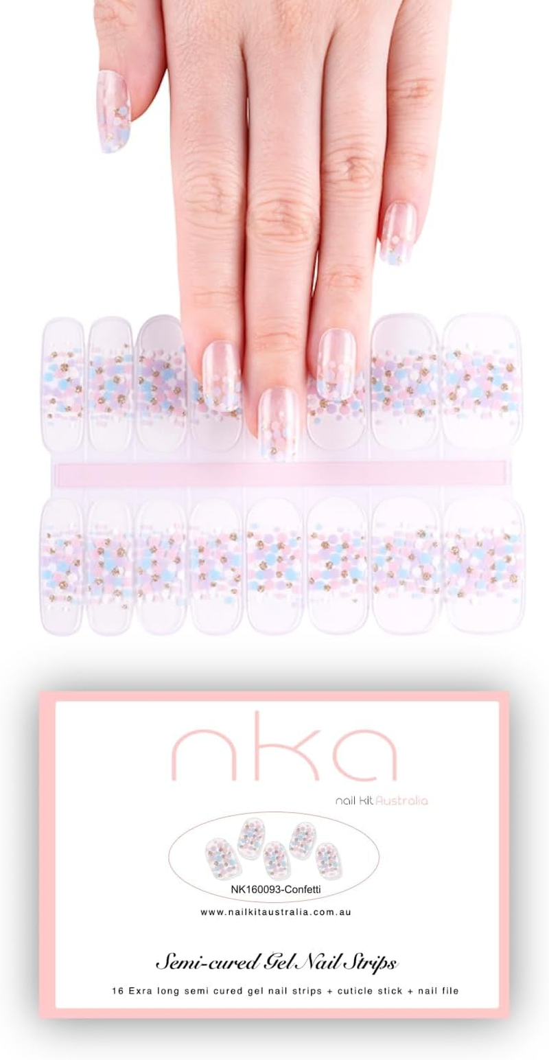 NKA Semi-Cured Gel Nail Strips Kit &ndash; 16 Long Strips in 8 Sizes &ndash; Quick & Easy Application &ndash; Cures in 60 Seconds &ndash; Includes Mini File & Cuticle Stick &ndash; Long-Lasting (Sand) - Bareley Sparkled image number 4