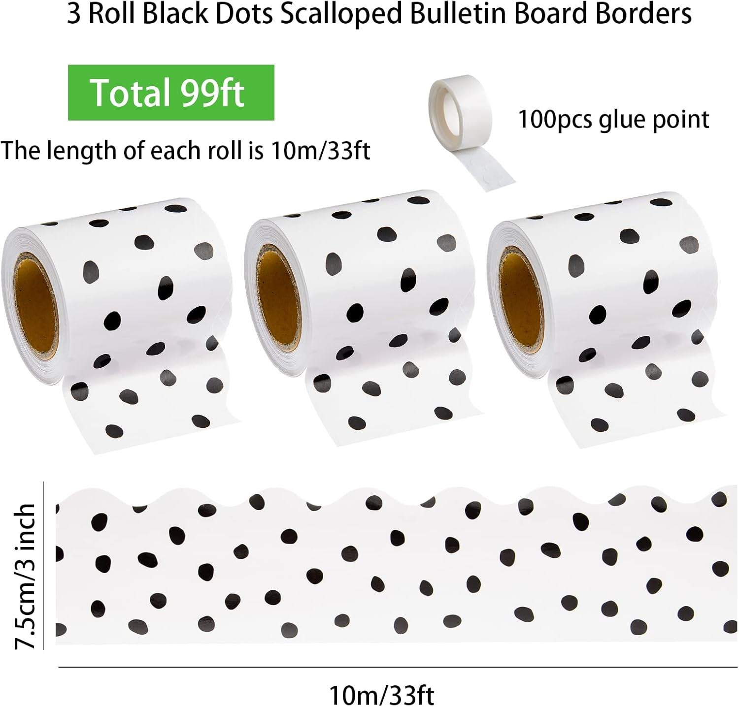 99 Feet Black Painted Dots Bulletin Board Borders 3 Rolls Scalloped Border Trims Polk Dots Decorative Classroom Bulletin Board Trim Back to School Decoration for Home Classroom School Office Decor image number 1