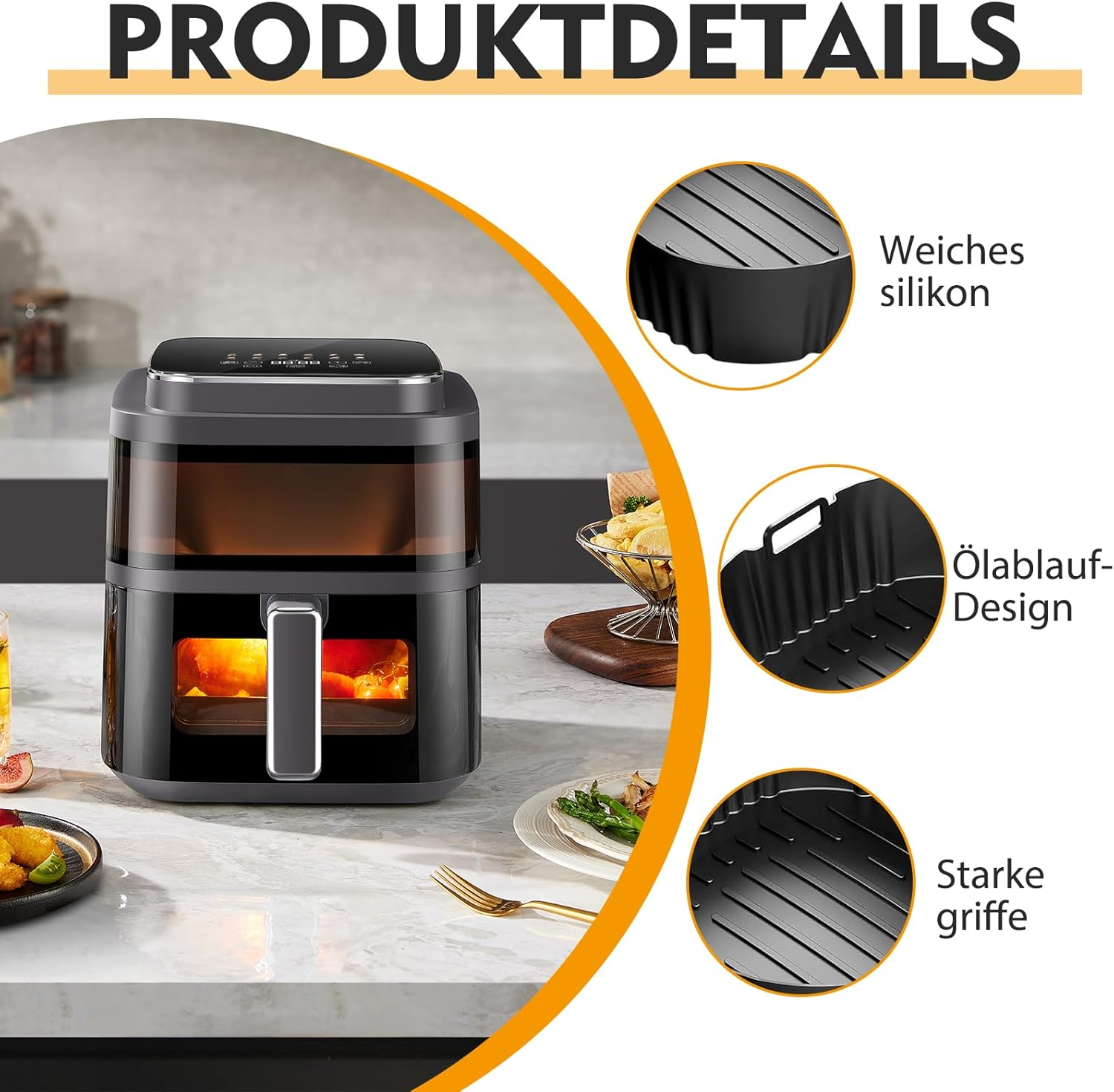 VEGCOO Pack of 2 Airfryer Silicone Baking Moulds with 19 Cm Silicone Oil Brush Black Airfryer Square Silicone Baking Mats Baking Mats Heat Resistant Baking Aids for Airfryer Oven image number 1