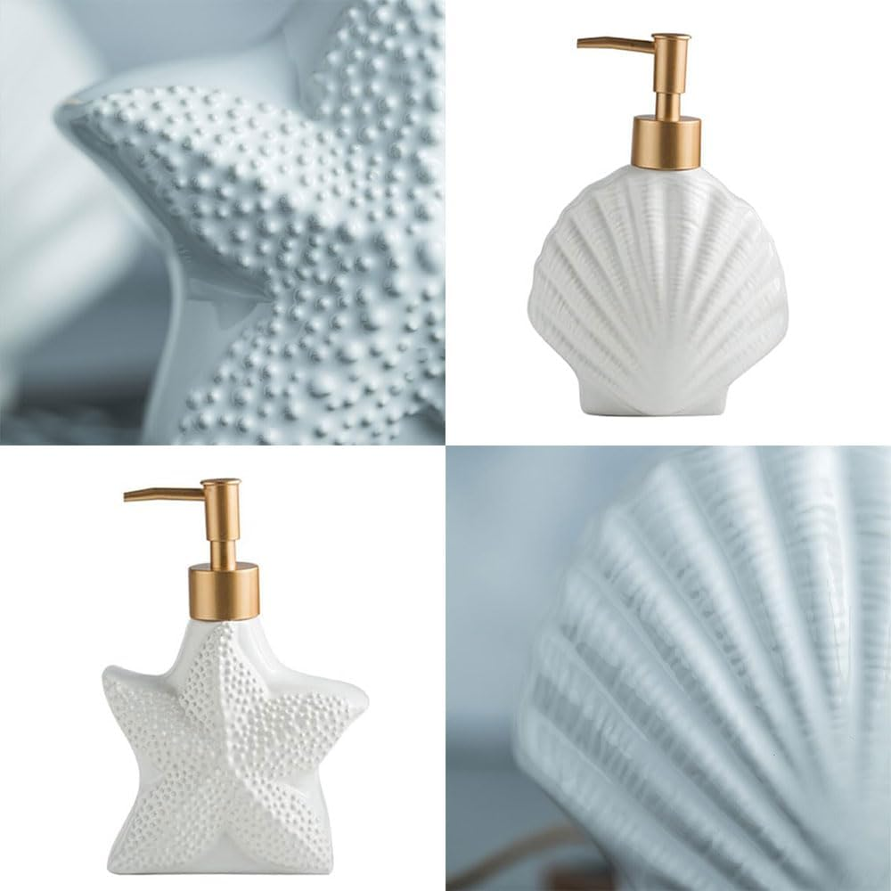 HYAVIA 2 Pack Nordic Ceramic Lotion Bottles, Refillable Soap Dispenser Set with Golden Pump, Shell & Starfish Design for Bathroom D&eacute;cor, Shampoo, Conditioner & Body Wash, 18&times;12Cm image number 2