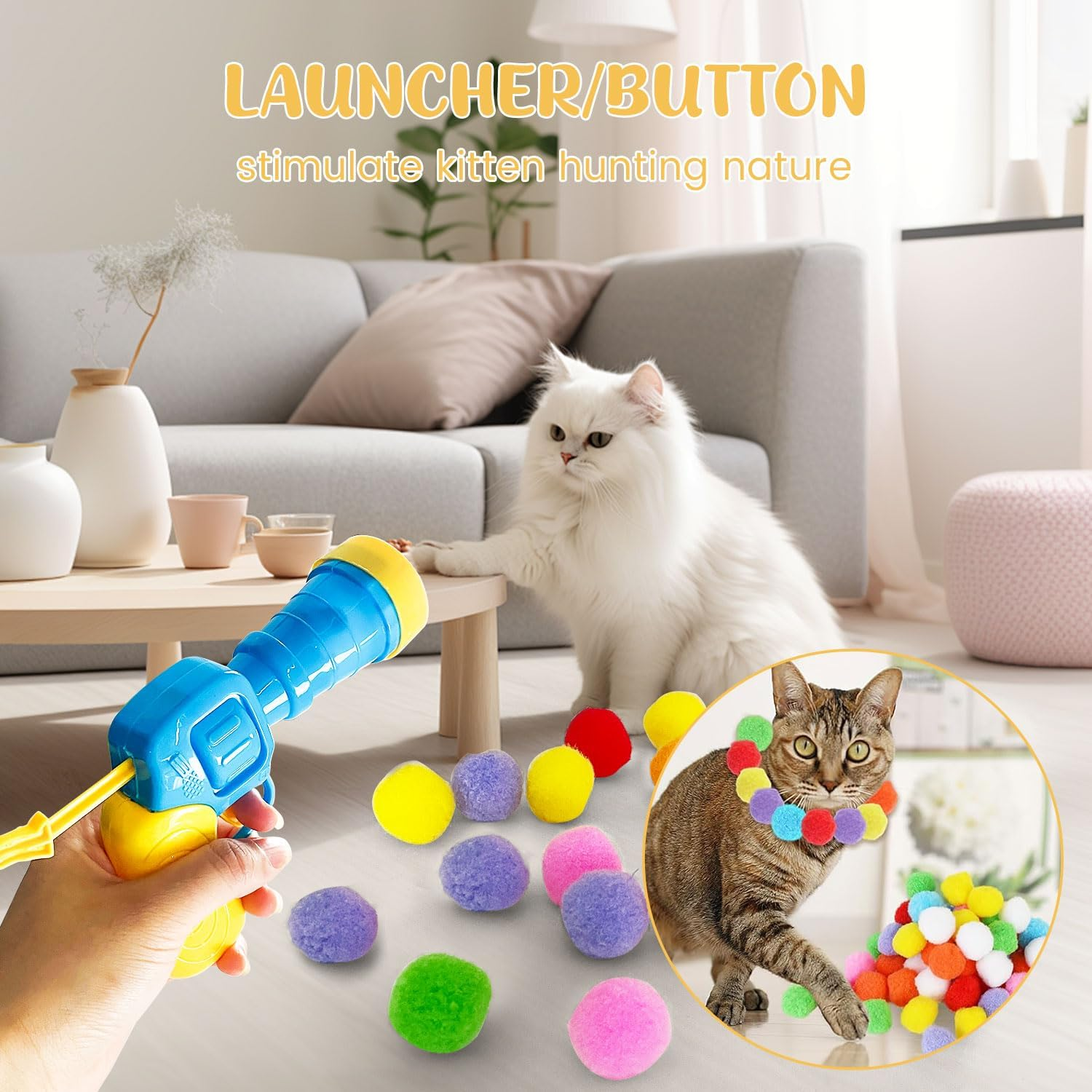 Interactive Cat Toys, Cat Ball Toy Launcher,Cat Ball Gun with 100Pcs Soft Pom Pom Balls and 50Pcs Plastic Balls,Shooting Gun Plush Ball for Indoor Pet Cat Exercise,Training,Chasing (150 PCS, Style 2) image number 1
