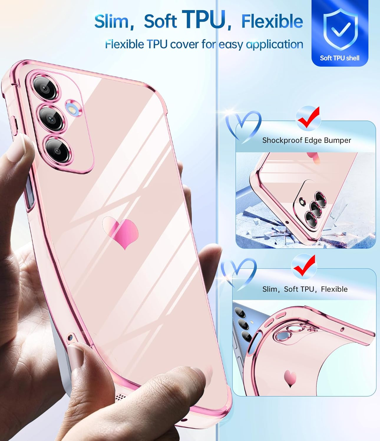 Leyi for Samsung Galaxy A17 5G Case: with Tempered Glass Screen Protector [2 Pcs]+ Full Camera Lens Protection,Love Heart Plating Girly Women Luxury Soft TPU Shockproof Case for a 17 5G,Pink image number 6