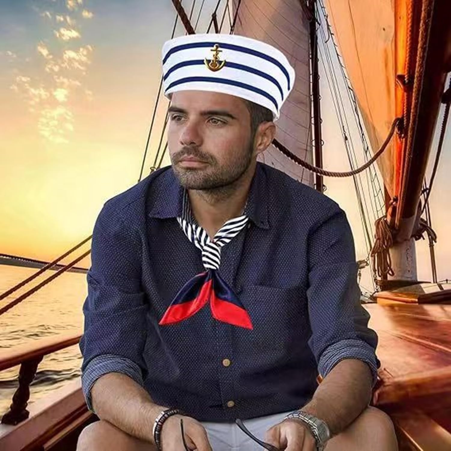 Yacht Captain Hat Sailor Ship Cap Scarf Sunglasses Sailor Hat Boat Costume for Men Women Captains Dressing up Party image number 2