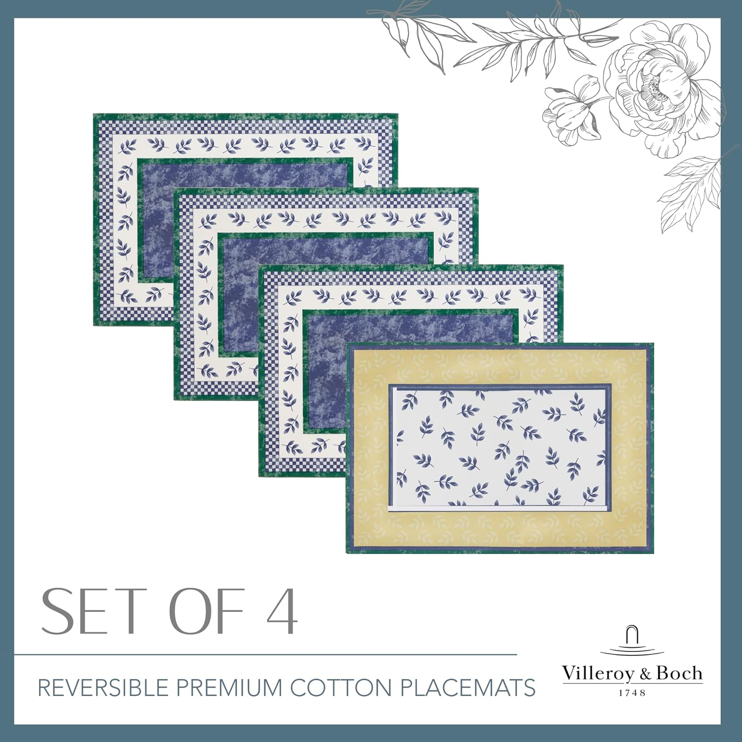 Villeroy and Boch Leaf and Check Cotton Fabric Reversible Placemat, Multicolor, 14"X20" image number 4
