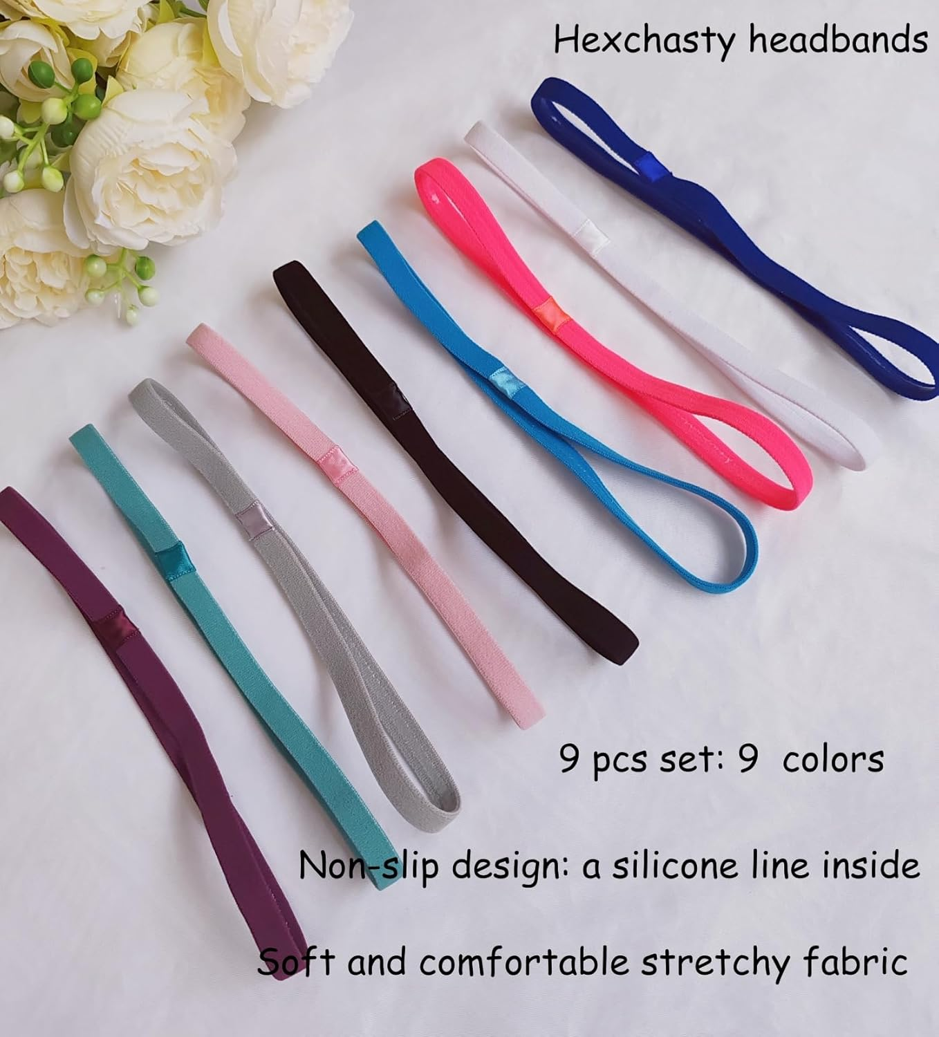Hexchasty 9Pcs Elastic Thin Headbands for Women Stretchy Skinny Headbands Sports Athletic Hair Bands for Women Men Girls Boys Teen Black Multi-Colored image number 6
