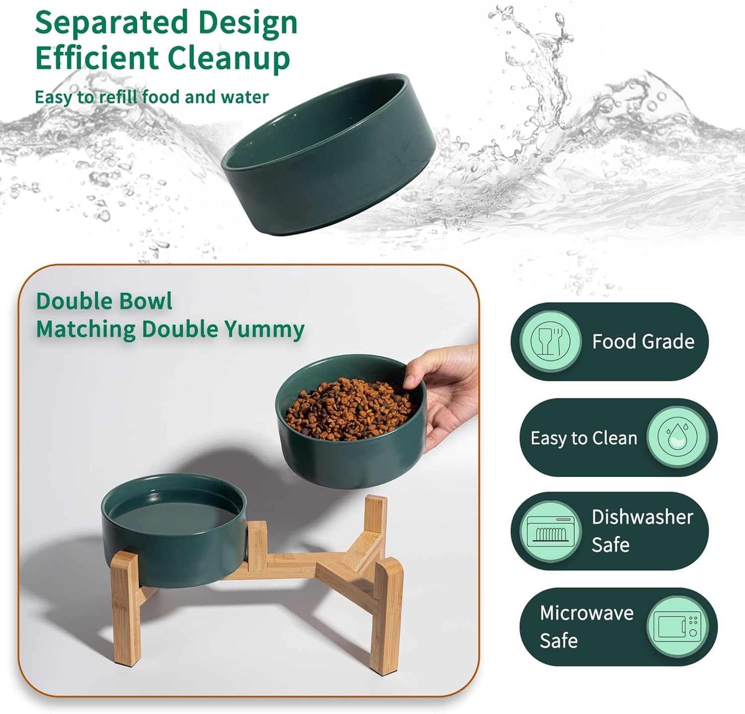Elevated Ceramic Dog Bowl Set - PRENDIEEN Raised Dog Bowls with Non-Slip Bamboo Stand - Dog Food and Water Bowl- Double Dog Feeding Bowls - Suitable for Small and Medium Dogs - 28 OZ - 850 ML (Green) image number 3