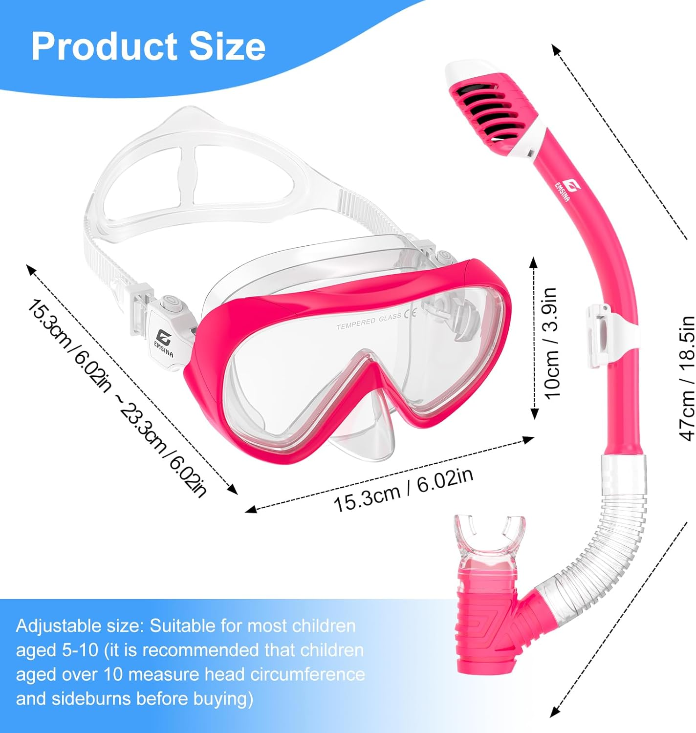 EMSINA Kids Diving Mask 180&deg; Panoramic Swim Mask Anti-Fog Child Swim Goggles Tempered Glass Swimming Goggles with Nose Cover for 4-16 Kids, Youth - Pink (Mask Only) image number 2