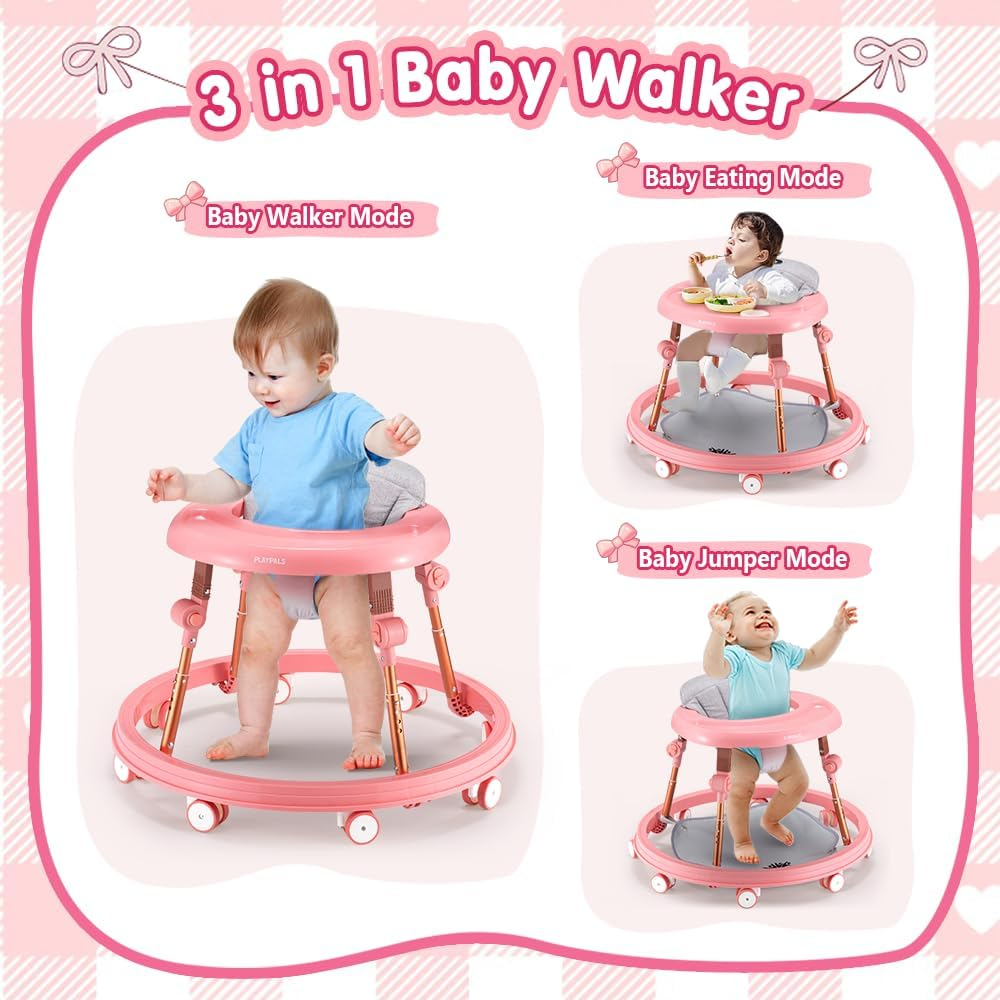 Playpals 3-In-1 Baby Walker for Boys and Girls 6-18 Months, Toddler Walker with Removable Footrest and Feeding Tray, Foldable & Adjustable Activity Walker for Toddler Infant - Pink - Pink image number 5