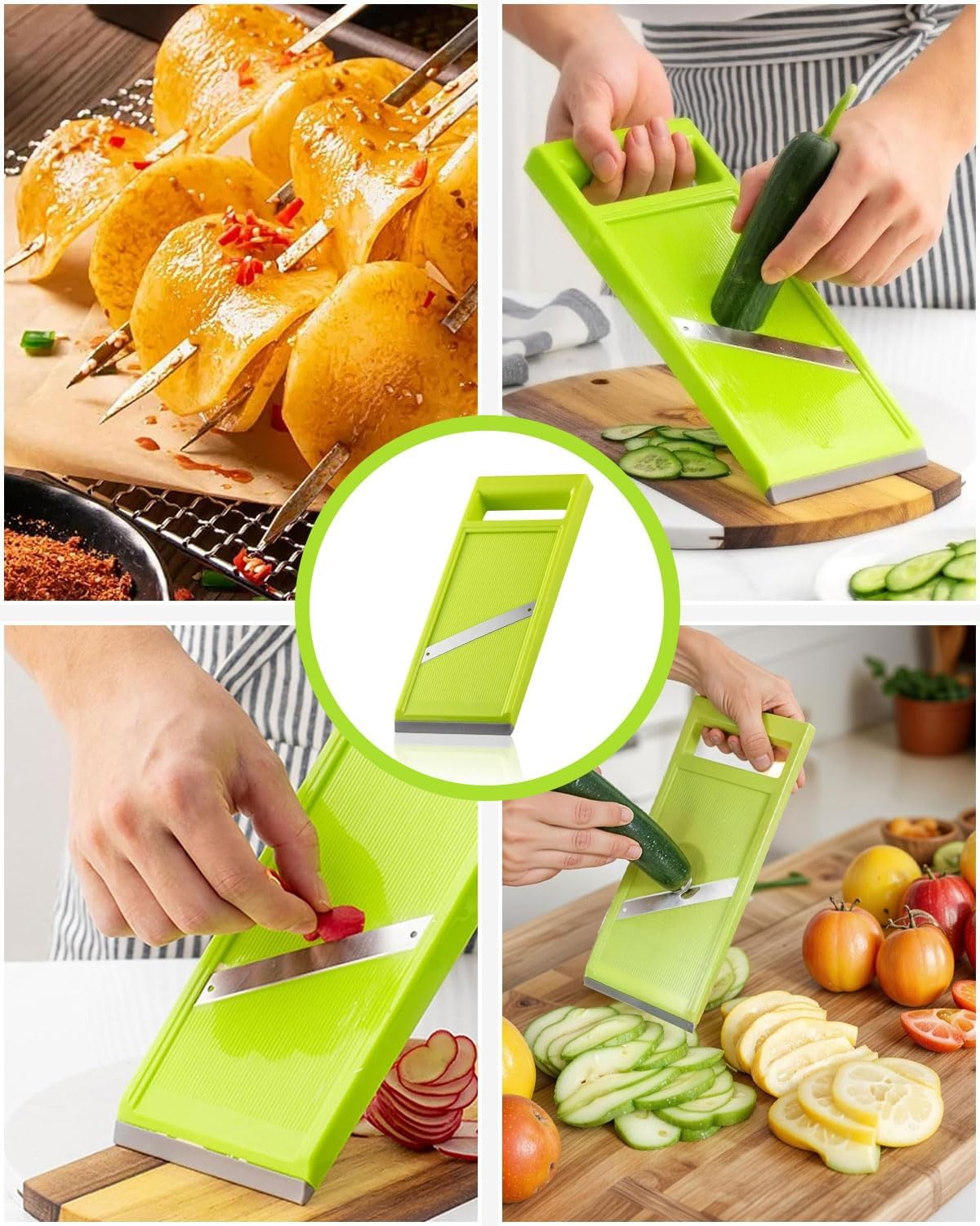 JUKOTA Vegetable Mandolin Cutter, Hand-Held Cucumber Slicer Made of Stainless Steel, Food Chopper with Ergonomic Handle, Portable Kitchen Slicer for Cheese, Onion, Potatoes (Green) image number 1