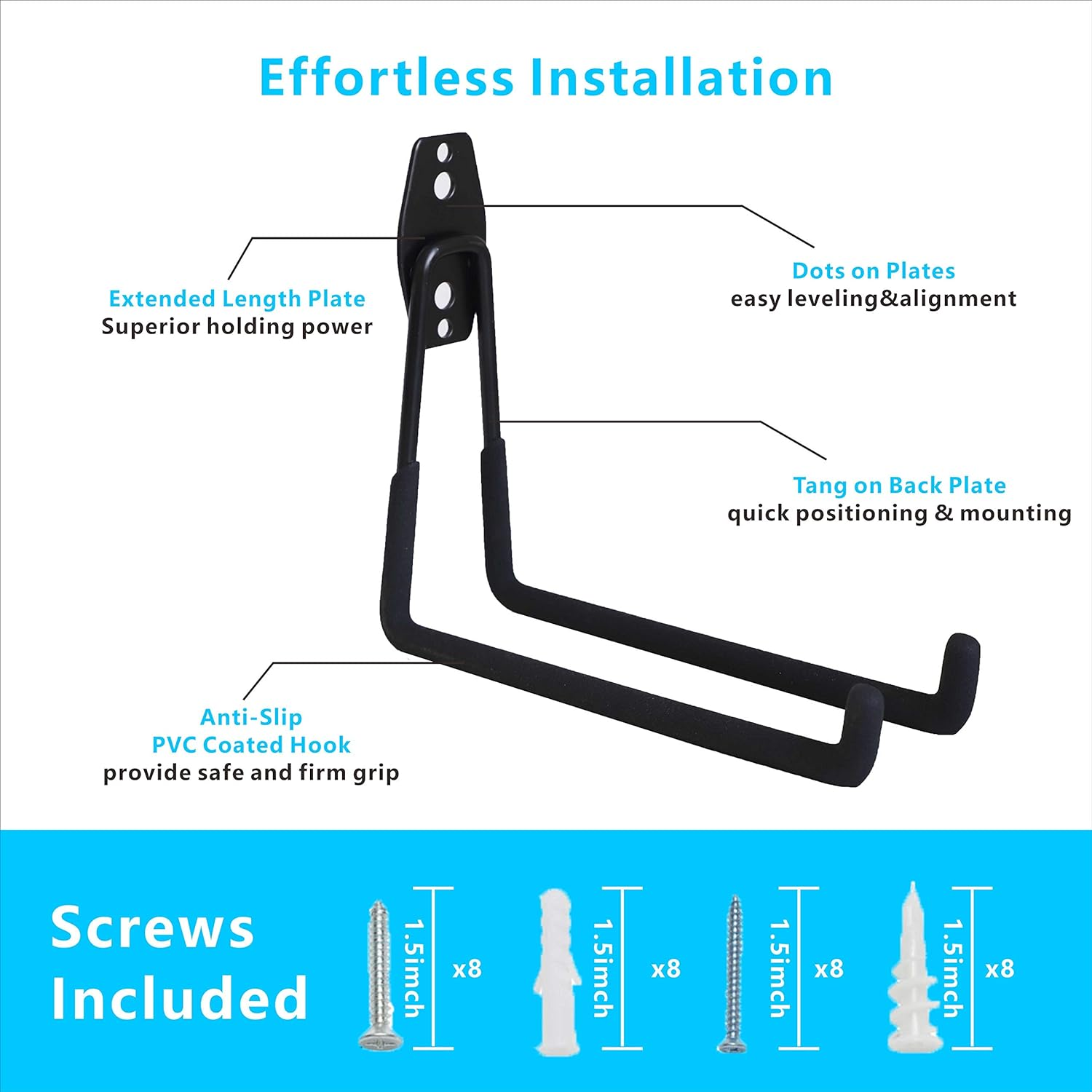 Garage Hooks, 4 Pack Wall Mount Storage Hanger with 2 Extension Cord Holder Organizer, Heavy-Duty 7.5 Inch Long Hooks for Ladder, Ski, Sports, Utility, Garden Tool, Hose Storage Rack Organizer image number 3