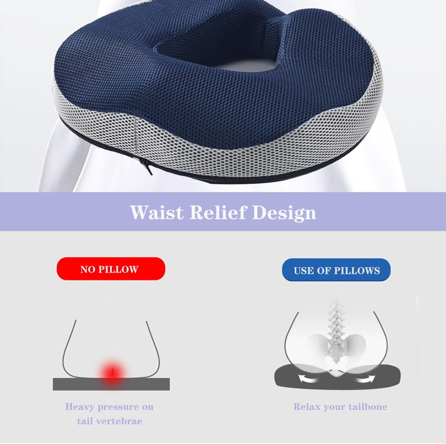 Seat Cushion, Ergonomic Donut Cushion for Office and Car Chair, Sciatica Pain Relief, Memory Foam Seat Cushion with Washable Cover, Lumbar Support Cushion for Long Sitting (Blue) - Blue image number 5