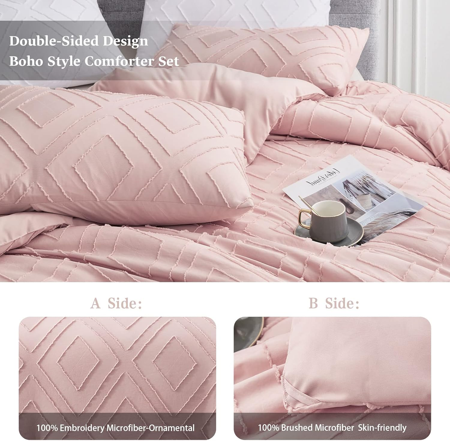 Boho Queen Comforter Set,Blush Pink Rhombus Tufted Queen Size Comforter Set with Corner Loops,3 Pieces Embroidery Shabby Chic Bedding Comforter Sets for All Seasons(Blush Pink,Queen) image number 4