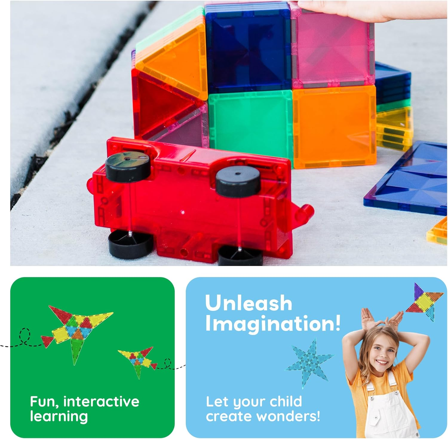 Picassotiles 2 Piece Car Truck Set W/Extra Long Bed & Re-Enforced Latch, Magnet Building Tile Magnetic Blocks -Creativity beyond Imagination! Educational, Inspirational, Conventional,& Recreational! image number 6