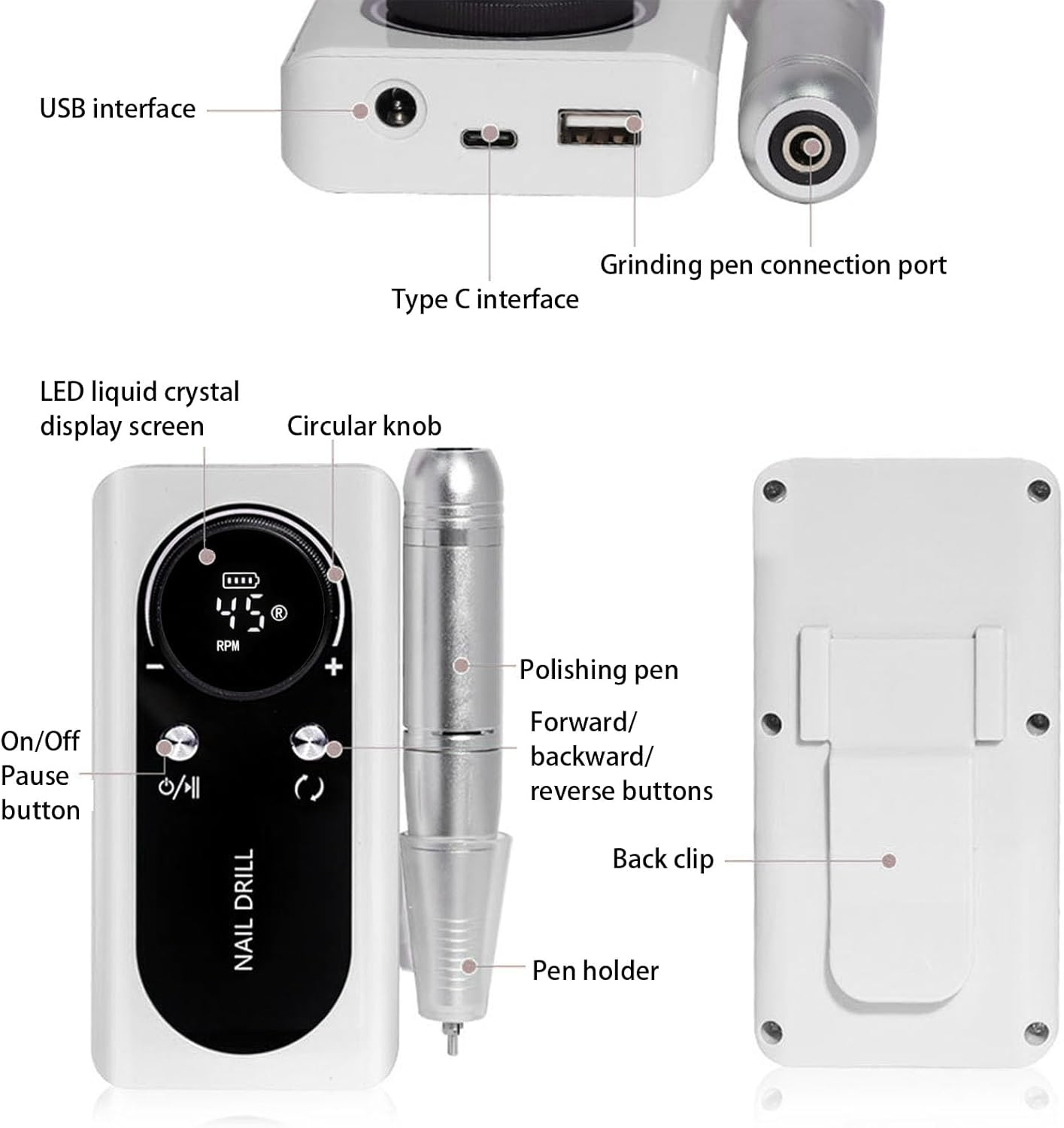 Elprico Electric Nail Drill, 45000RPM Professional Acrylic Nail Drill Machine, USB Rechargeable, ABS Material, Model: Elprico9Uhv8Qnipz image number 1