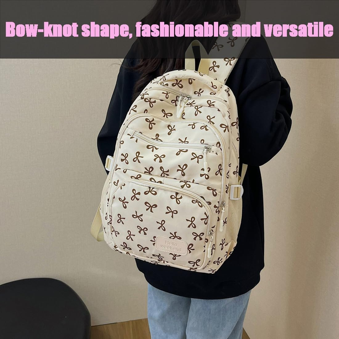 3Pcs Set Bow Backpack for Girls, Pink Bow Backpack, College Style Large Capacity Nylon Bow Bookbag Set - Pink image number 2