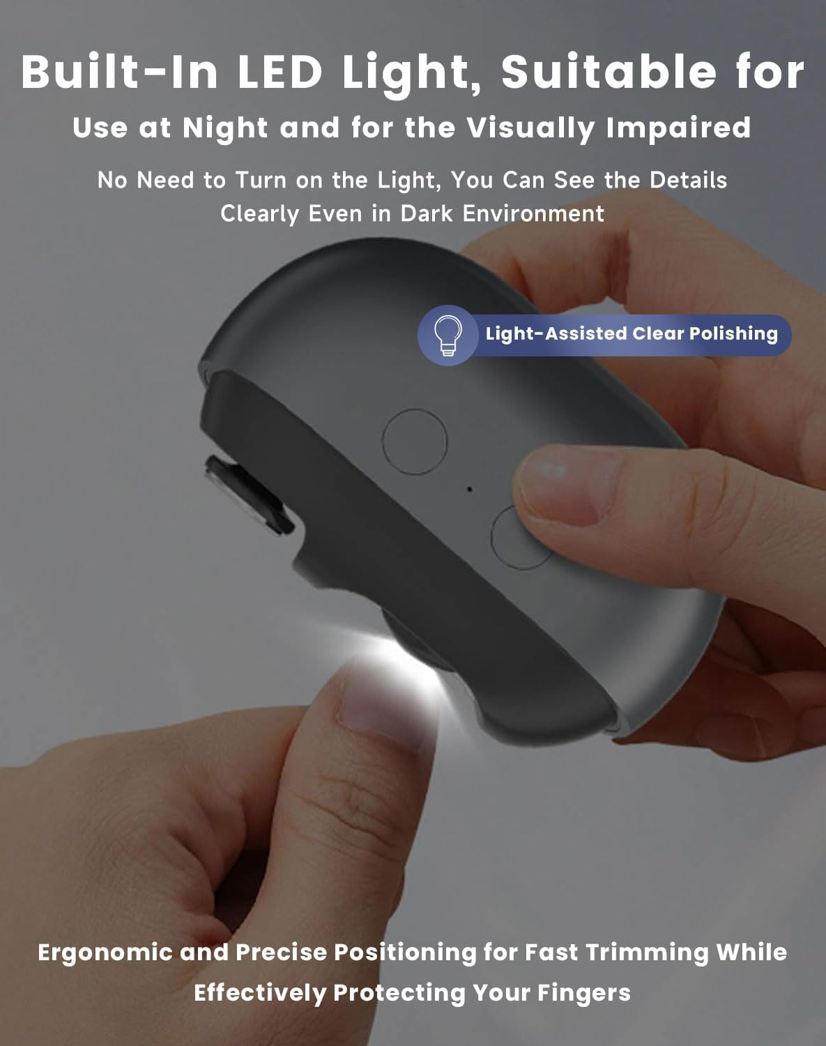 Smart Nail Clipper, Fanyil 3 in 1 Electric Nail Clippers for Seniors, Designed for Extra Hard/Thick Hands Feet Nails, Polishing Clipper with Light,For Limited Mobility People, Parent Gift (Gray+White) image number 2