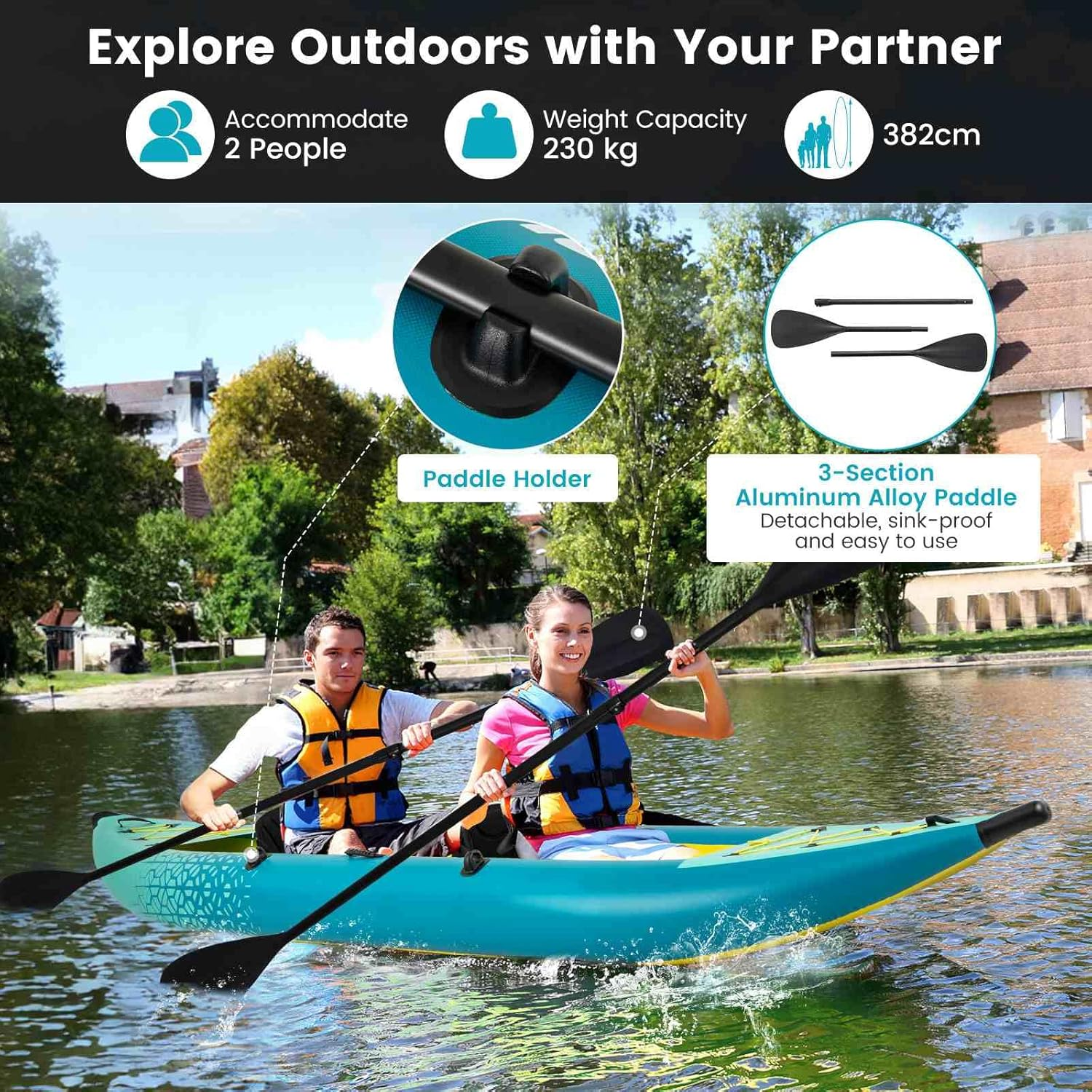 Costway Inflatable Kayak Set, 2-Person Kayak with Aluminium Oars, EVA Padded Seat, High Back Support, Hand Pump & Repair Kit, 230 Kg Weight Capacity, Portable Kayak with Carry Bag - Blue image number 3