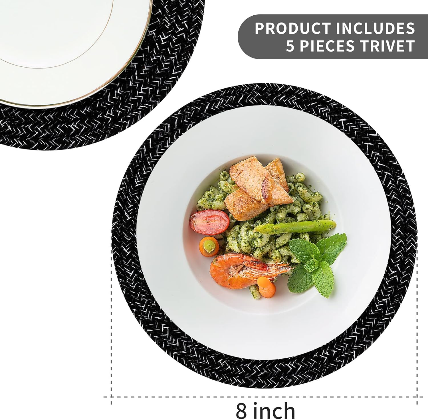 Trivets for Hot Dishes, Large Trivet for Hot Pots and Pans 8 Inches, Hot Pads for Kitchen Table, Coasters Cotton Mat to Protect Counter, Cooking Potholder (Black 5 Pcs) image number 5