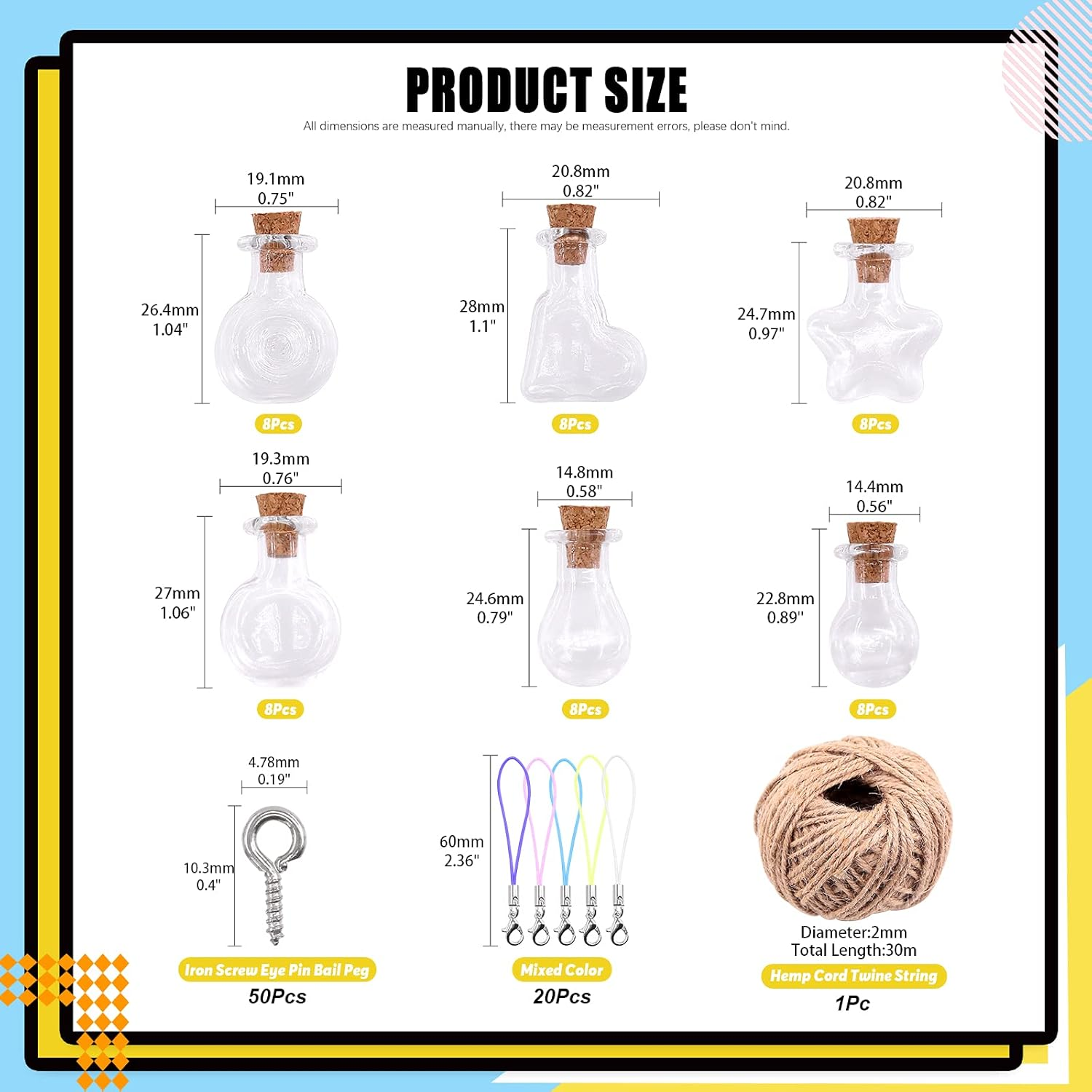 Mardatt 48Pcs 6 Shapes Mini Glass Bottles with Cork Lids Wish Bottles Glass Favor Jars, 50Pcs Eye Screws, 30 Meters Twine for DIY Crafts, Home Decor, Party Favors