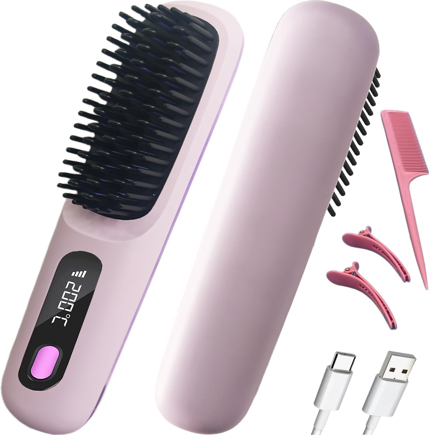 Cordless Hair Straightening Brush with LCD Display 160-200&deg;C Constant Temperature 20S Fast Heaning Type-C Interface Long Lasting Endurance Light Portable Gifts for Woman Travel (Purple)