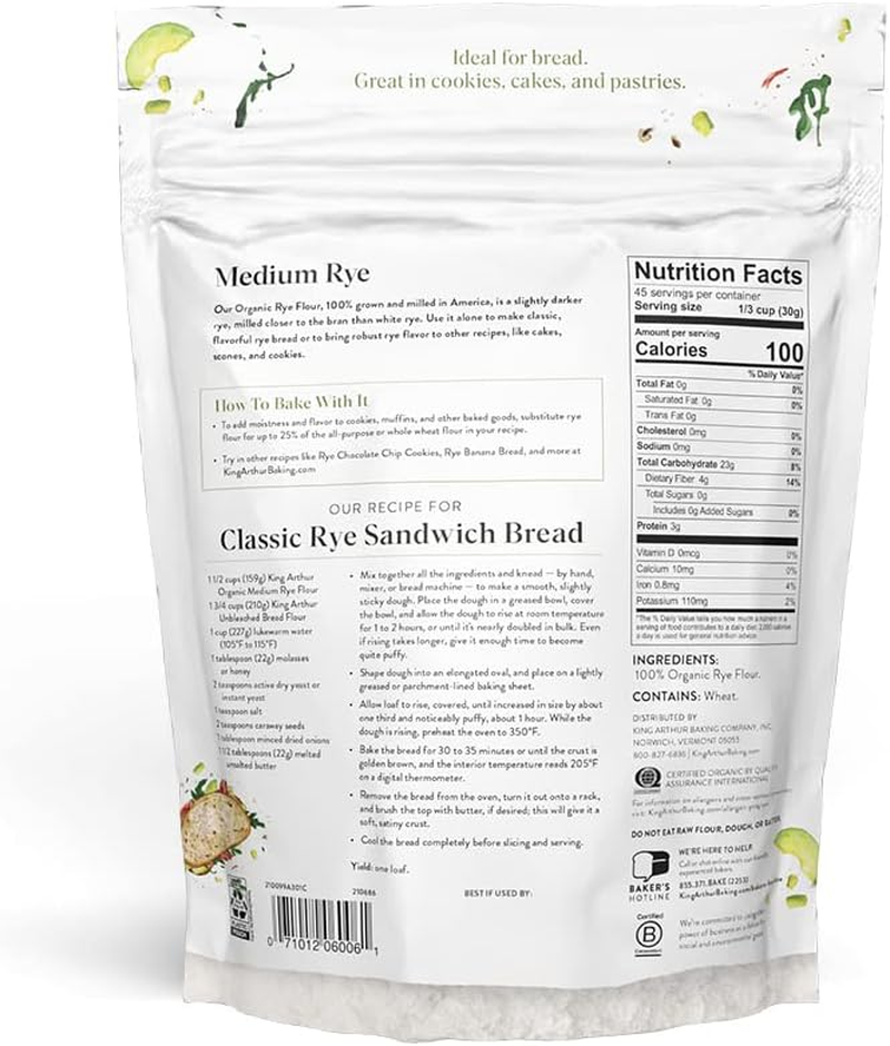 King Arthur Flour Organic Medium Rye Flour for Complex Flavorful Breads & Baked Goods, 100% Organic Non-Gmo Project Verified, 3 Pounds (Pack of 1) image number 3