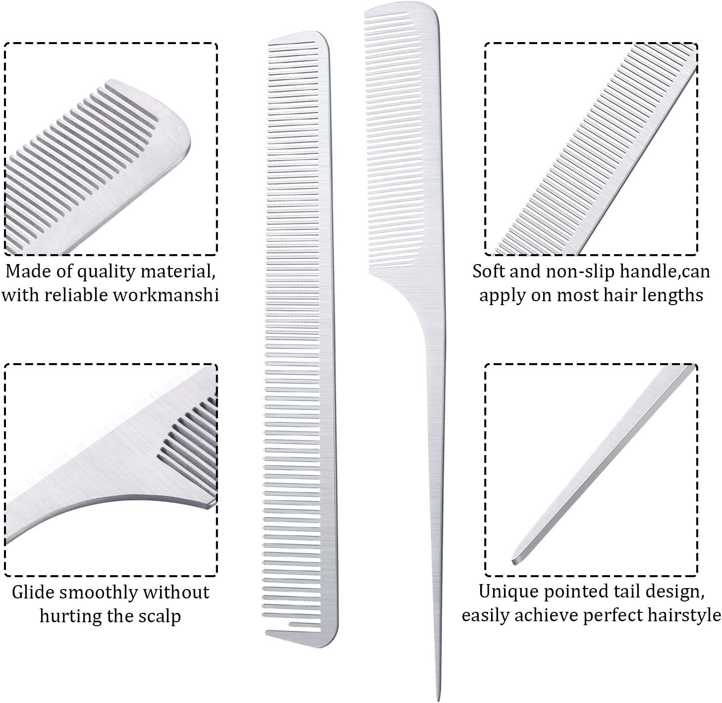 Boao 2 Pieces Metal Tail Combs Stainless Steel Flat Top Barber Combs with Metal Pick for Hair Stylist Women Men Hair Styling Cutting(Silver) image number 2
