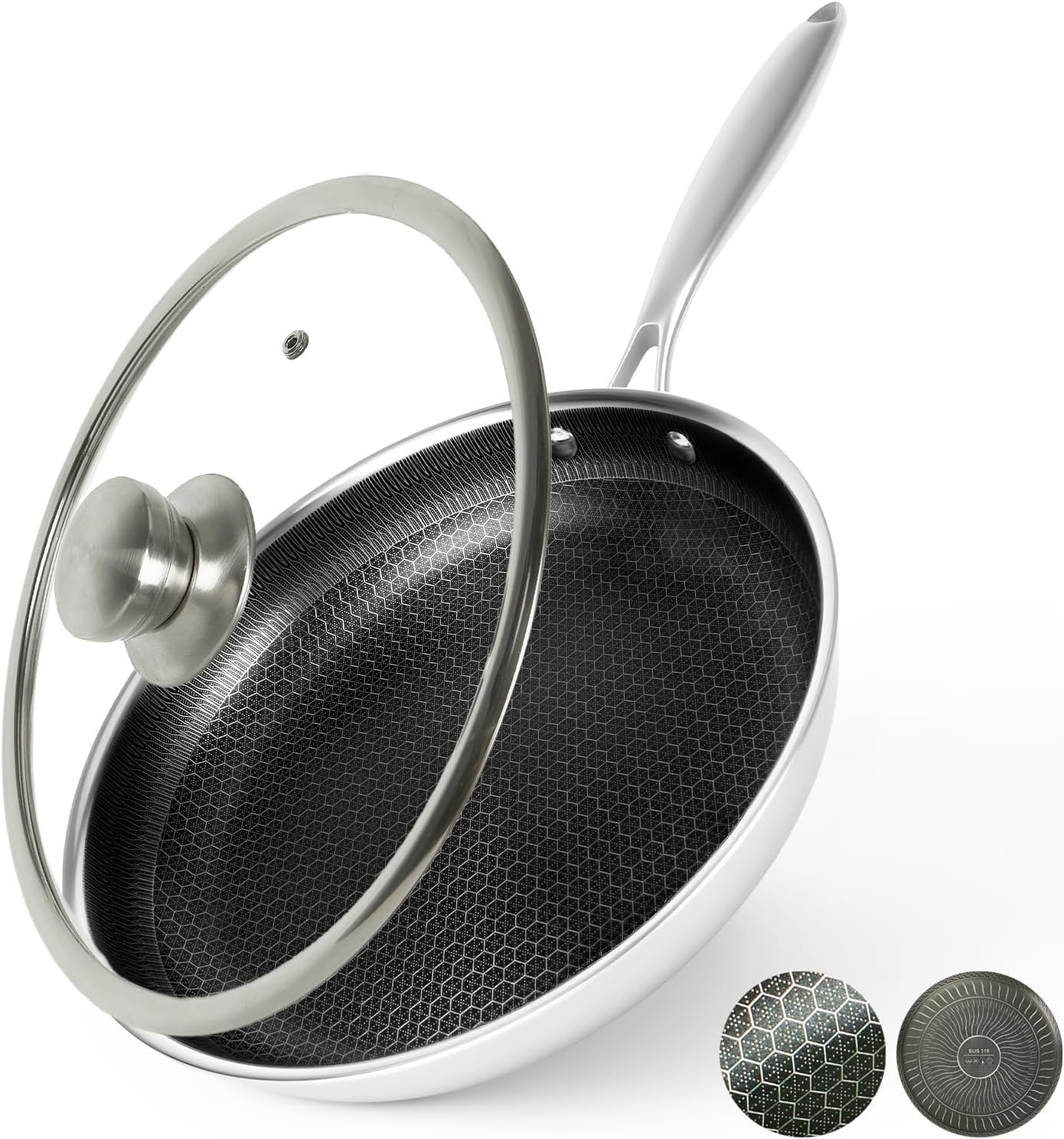 BIRFYDO 28Cm Nonstick Frying Pans with Lid, Non Stick Stainless Steel Skillets, Dishwasher and Oven Safe, Stay-Cool Handle, Compatible with All Cooktops, PFOA Free Cookware image number 5