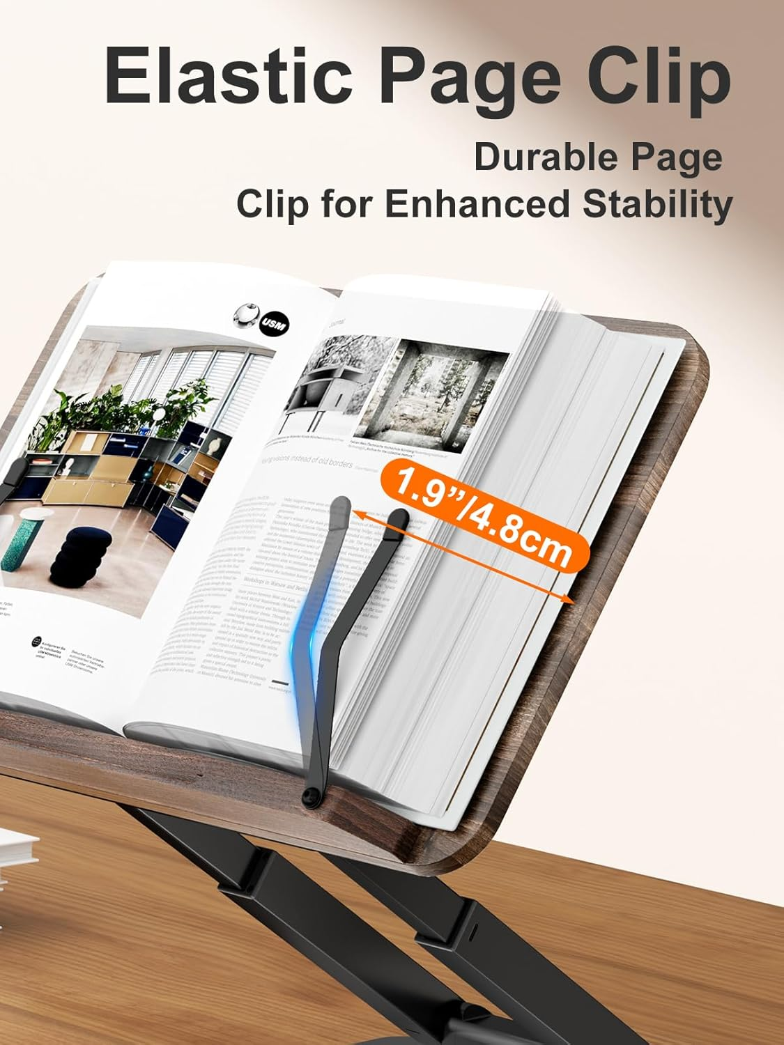 Tounee Book Stand, Telescopic Book Holder Stand, Adjustable Height Pull Out Design Ergonomic Cookbook Stand with Elastic Page Clips Fits All Books (Black) - Silver image number 4